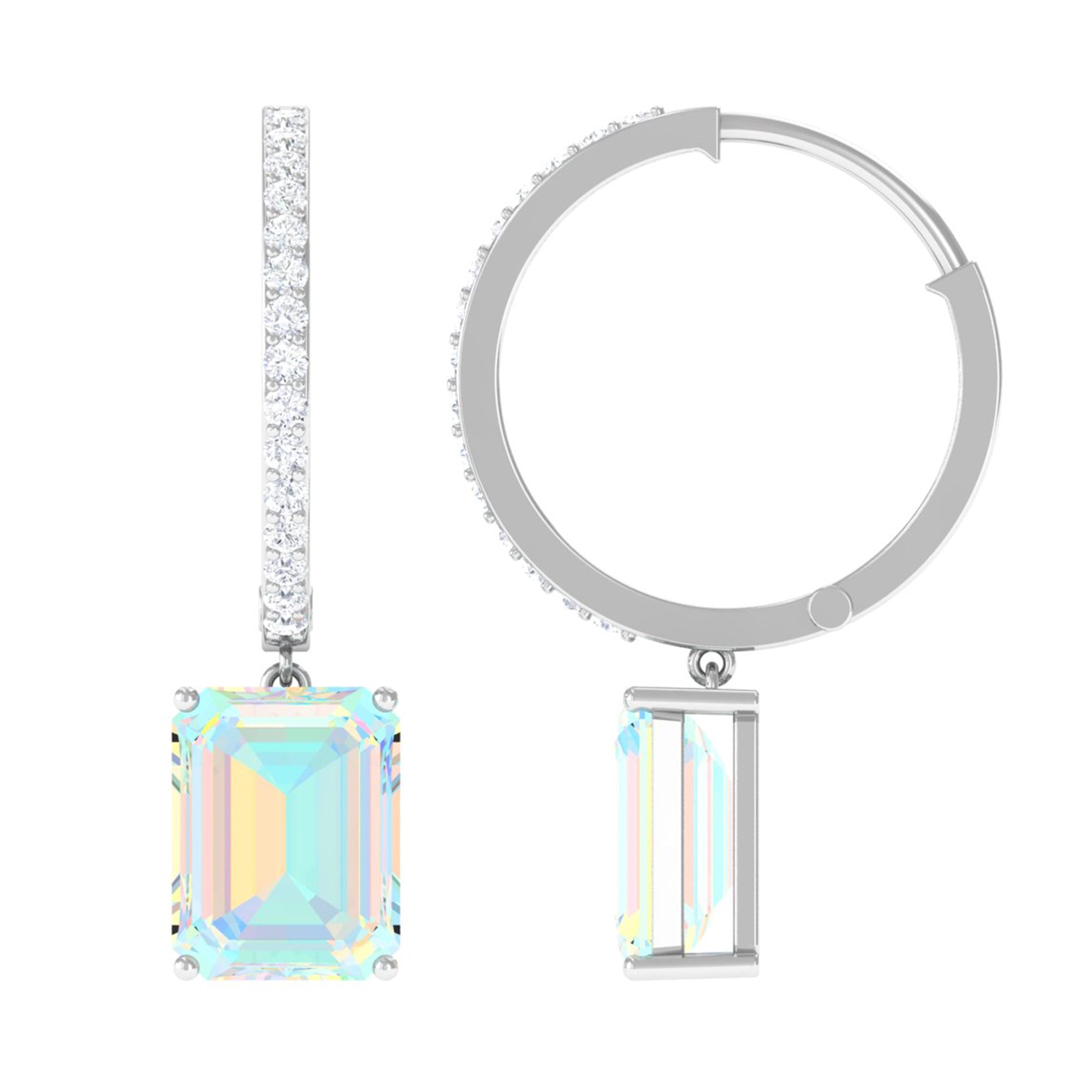 Emerald Cut Ethiopian Opal Minimal Hinged Hoop Drop Earrings with Moissanite Ethiopian Opal - ( AAA ) - Quality - Rosec Jewels