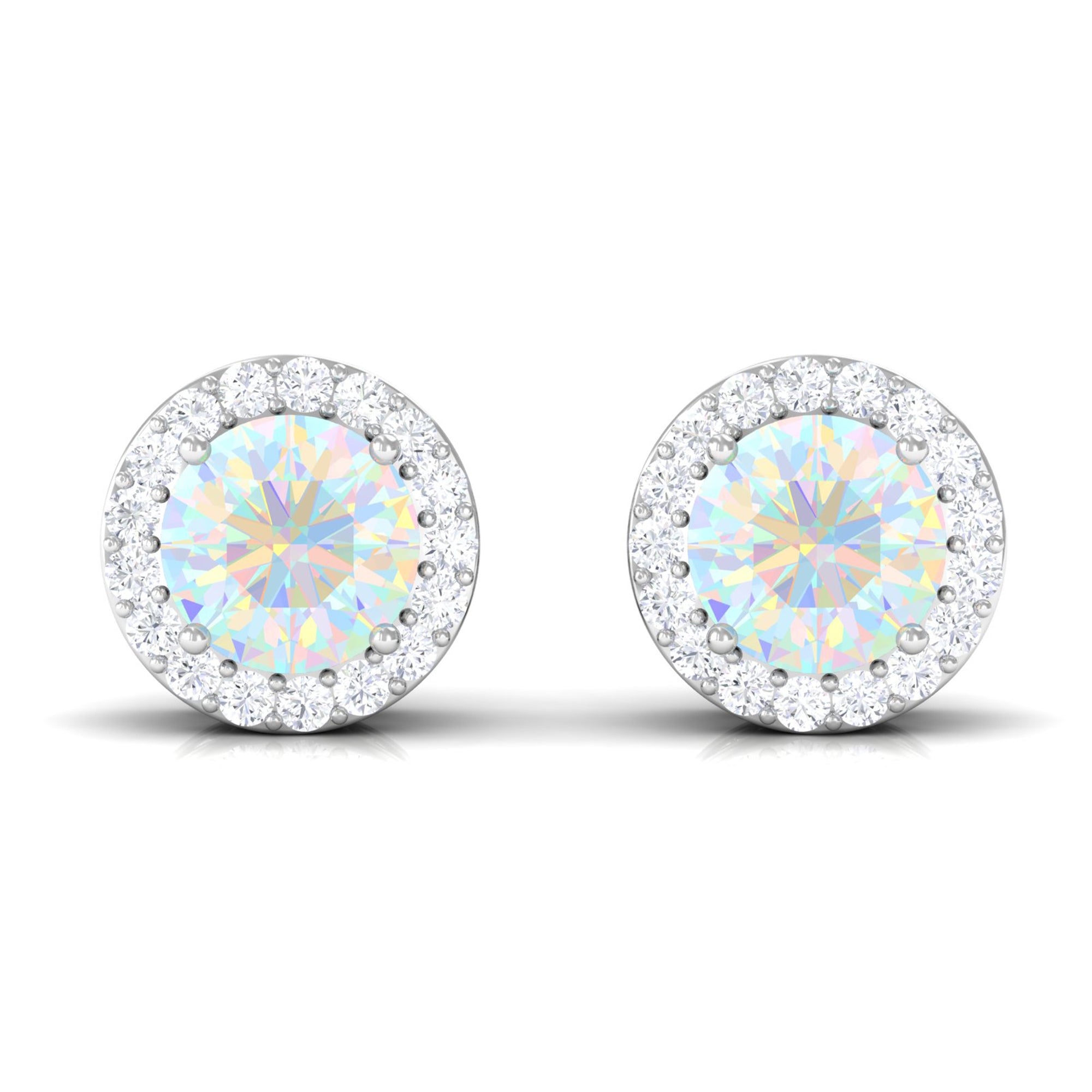 2 CT Round Ethiopian Opal Minimal Stud Earrings with Diamond Halo in Prong Setting Ethiopian Opal - ( AAA ) - Quality - Rosec Jewels