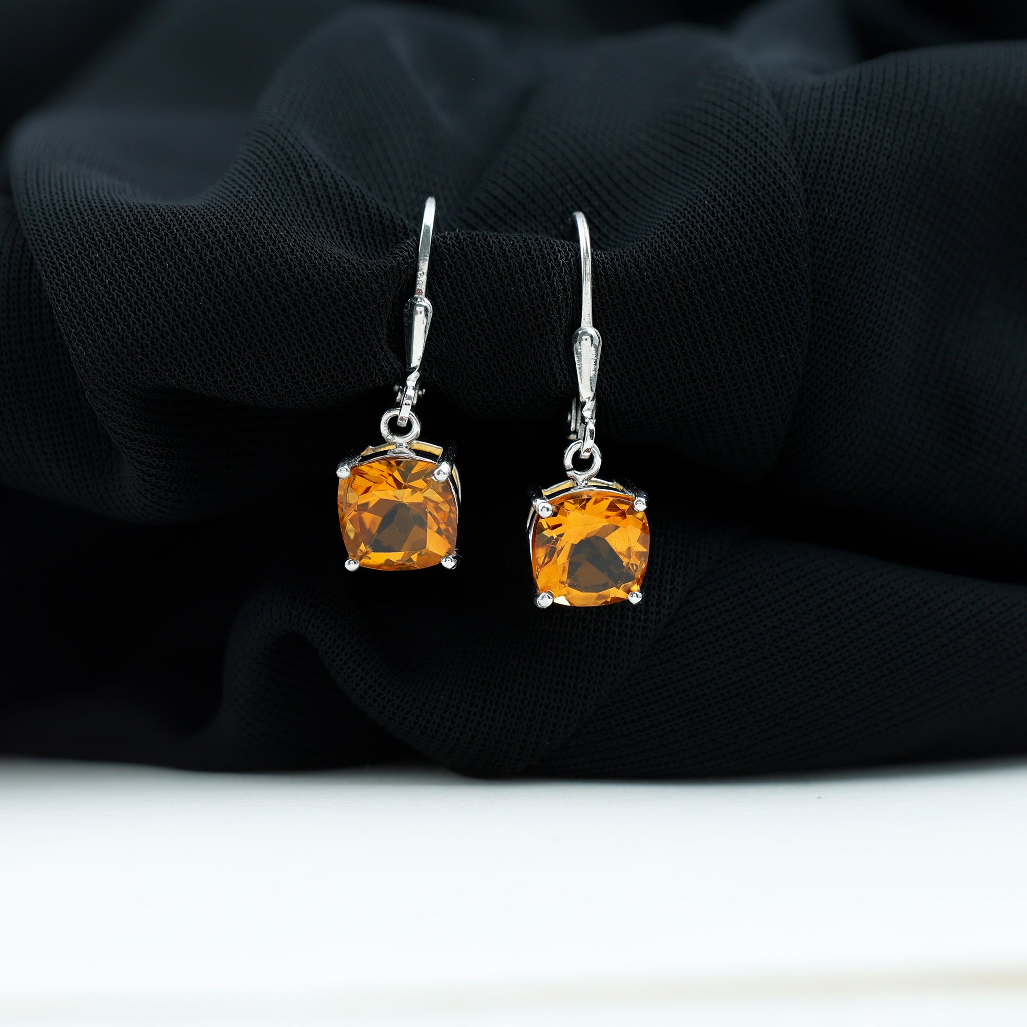 8 MM Cushion Cut Citrine Solitaire Drop Earrings Citrine - ( AAA ) - Quality - Rosec Jewels