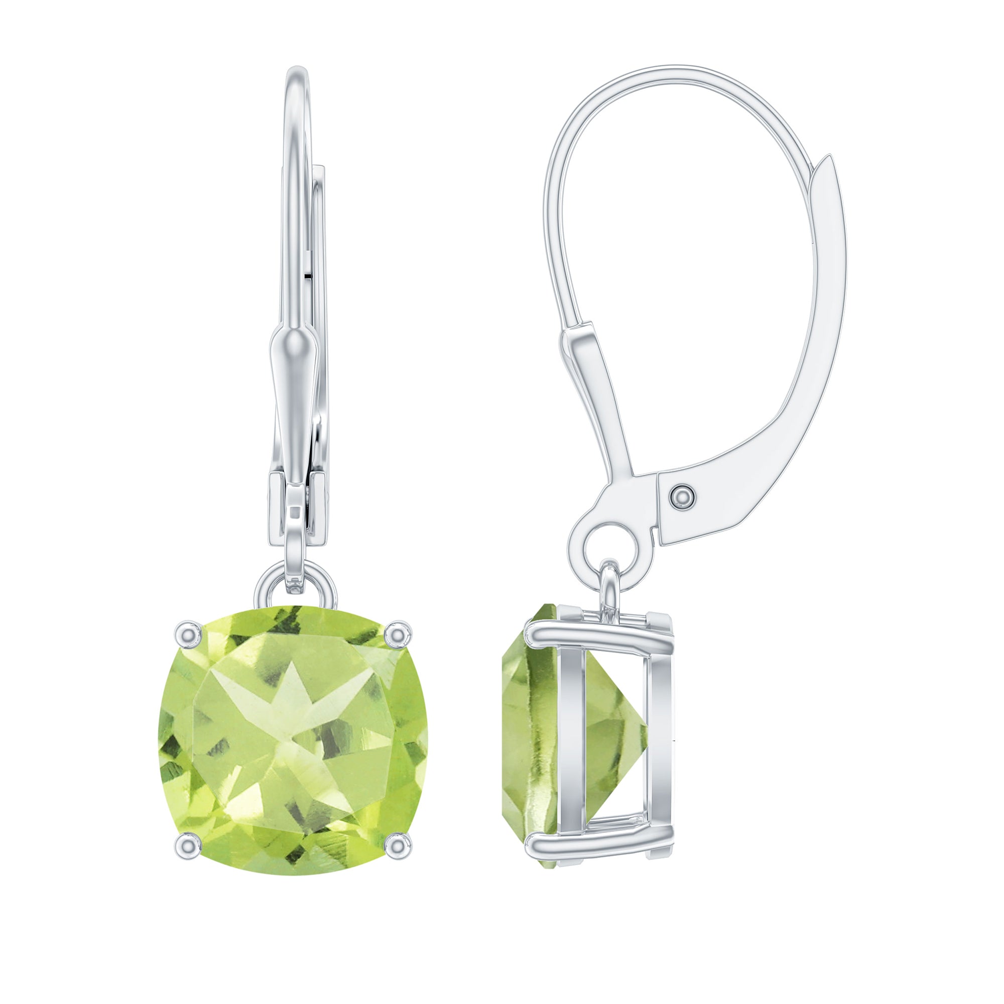 8 MM Cushion Cut Peridot Solitaire Drop Earrings in Silver Peridot - ( AAA ) - Quality 92.5 Sterling Silver - Rosec Jewels