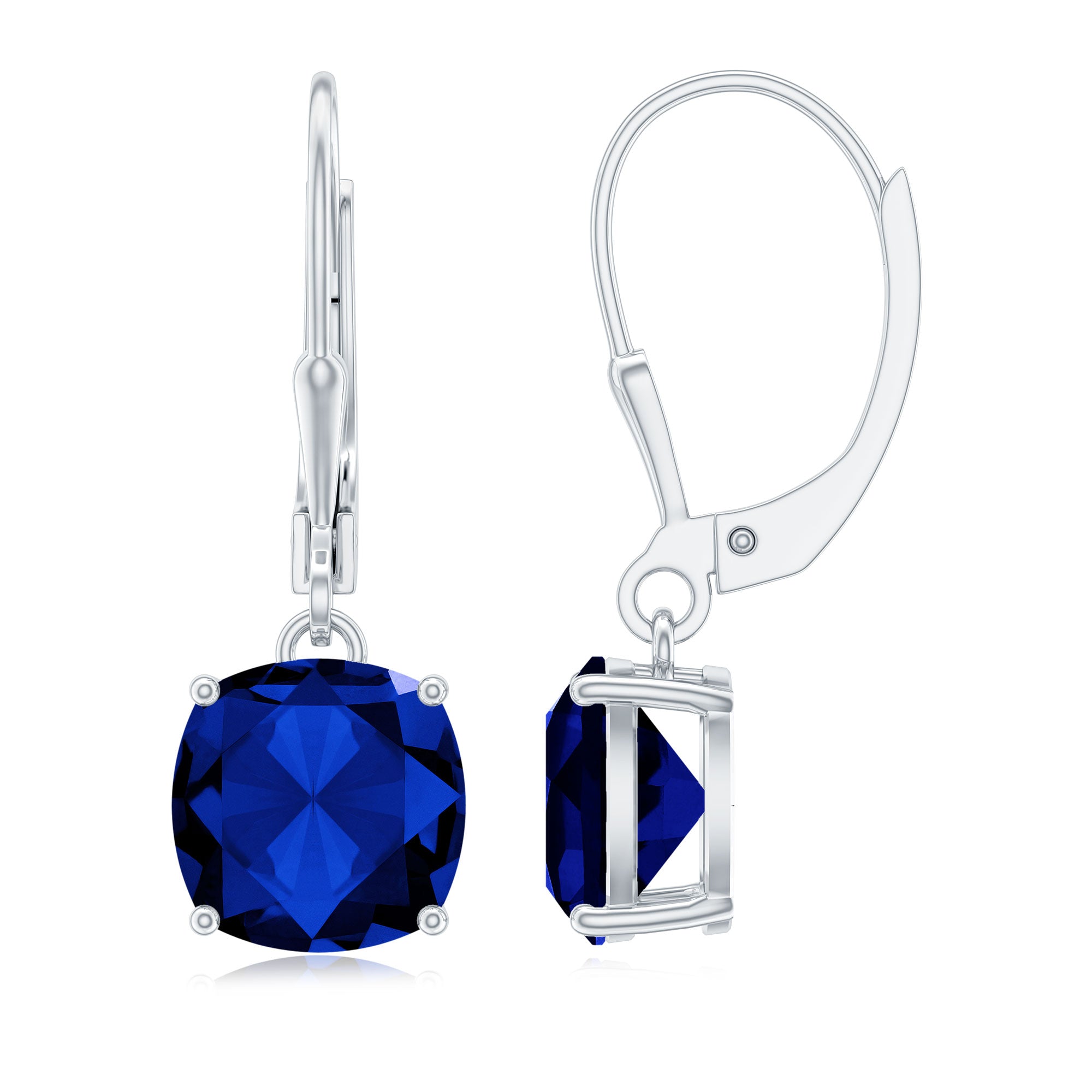 Cushion Cut Solitaire Created Blue Sapphire Drop Earrings Lab Created Blue Sapphire - ( AAAA ) - Quality - Rosec Jewels