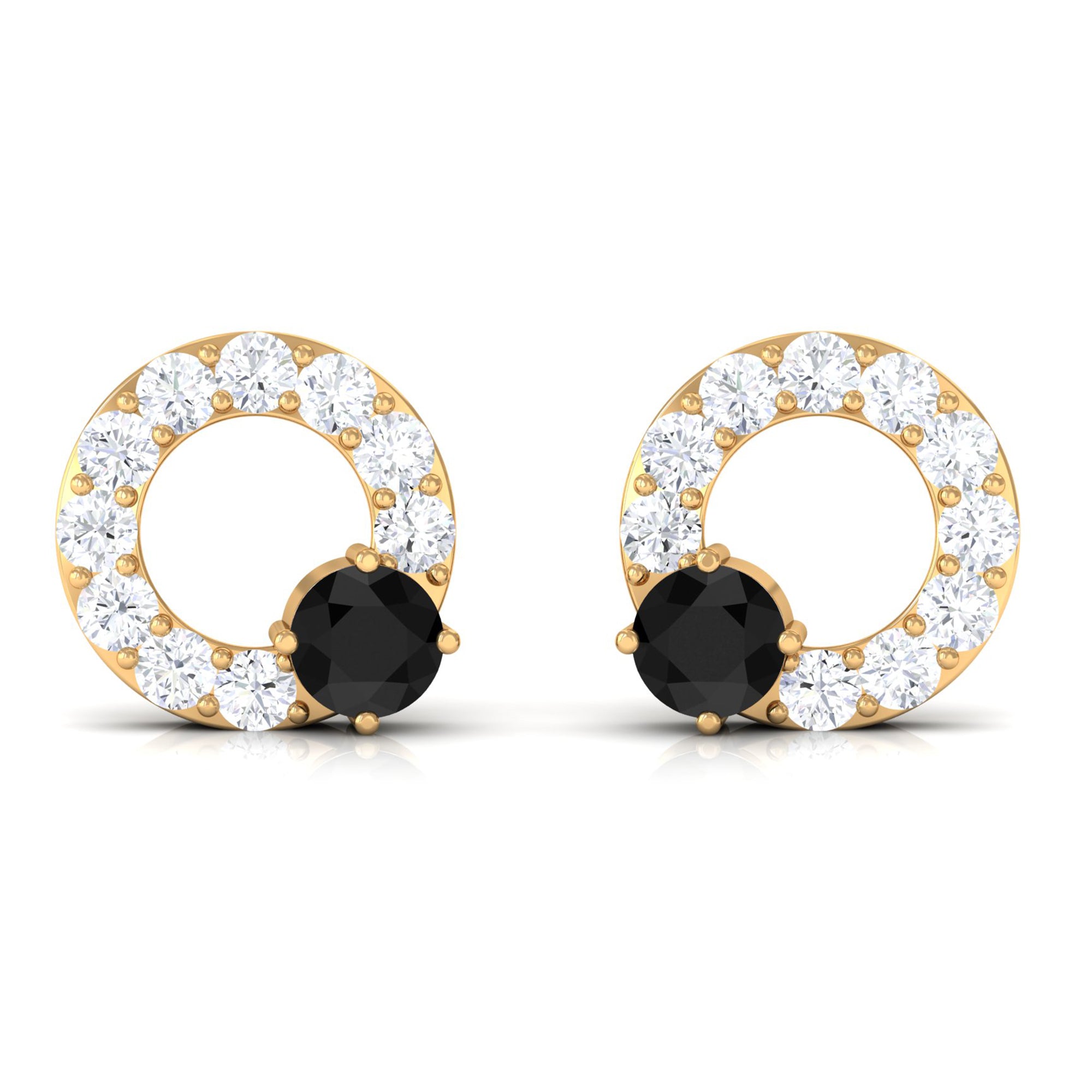 3/4 CT Round Black Onyx and Diamond Open Circle Stud Earrings Black Onyx - ( AAA ) - Quality - Rosec Jewels