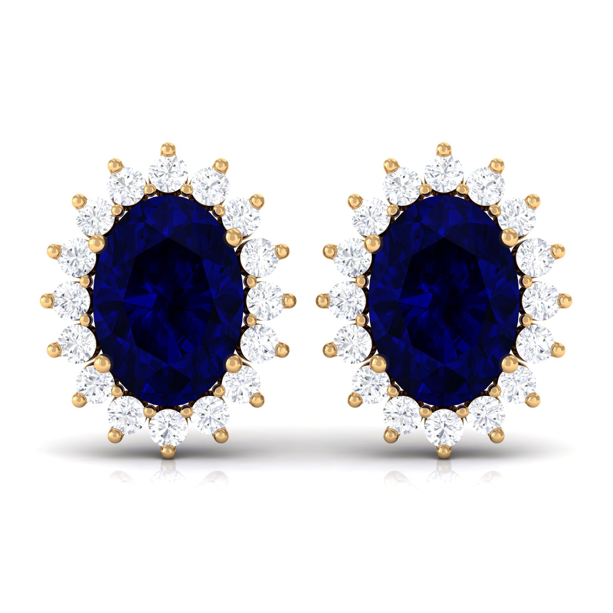 Oval Cut Created Blue Sapphire Halo Stud Earrings with Diamond Lab Created Blue Sapphire - ( AAAA ) - Quality - Rosec Jewels