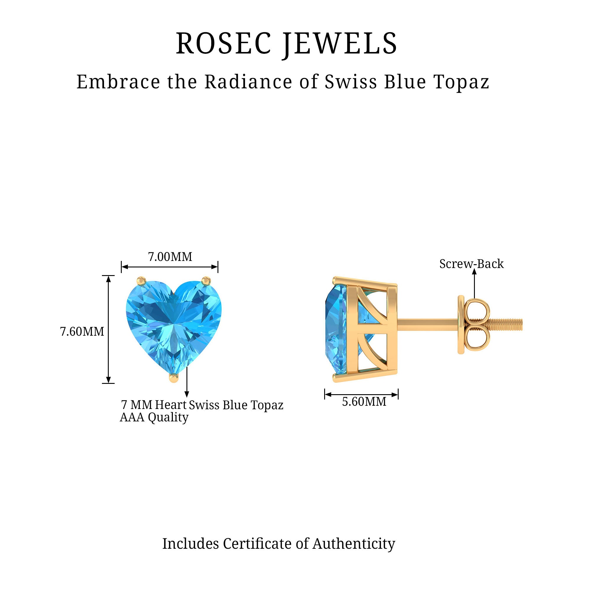 3 CT Heart Shape Swiss Blue Topaz Solitaire Stud Earrings Swiss Blue Topaz - ( AAA ) - Quality - Rosec Jewels