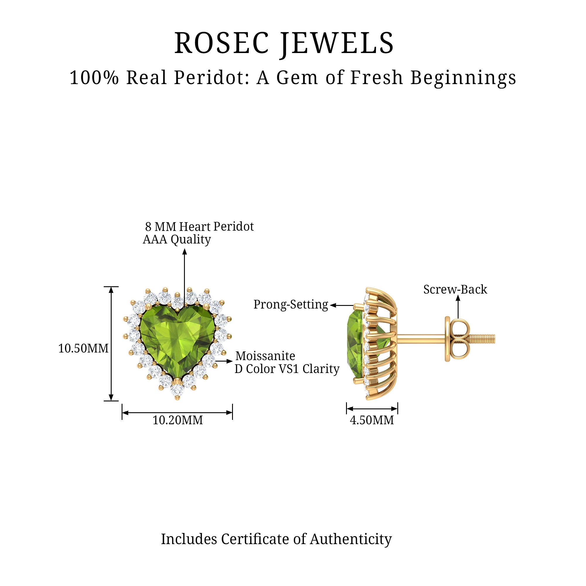 3.50 CT Heart Shaped Peridot and Moissanite Statement Stud Earrings Peridot - ( AAA ) - Quality - Rosec Jewels