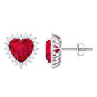 Heart Shape Created Ruby Stud Earrings with Diamond Halo Lab Created Ruby - ( AAAA ) - Quality - Rosec Jewels