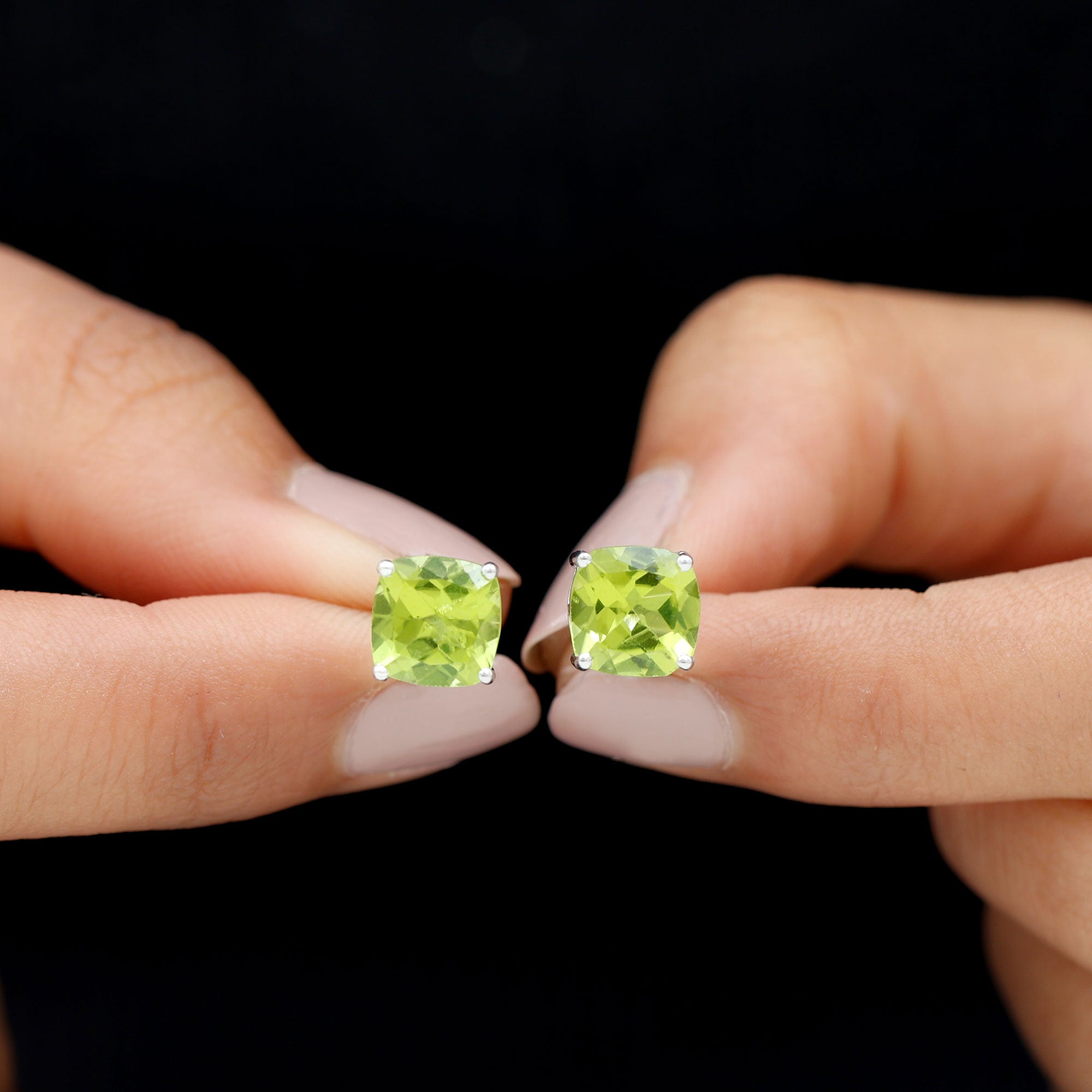 4.25 CT Cushion Cut Peridot Solitaire Stud Earrings in Silver Peridot - ( AAA ) - Quality 92.5 Sterling Silver - Rosec Jewels