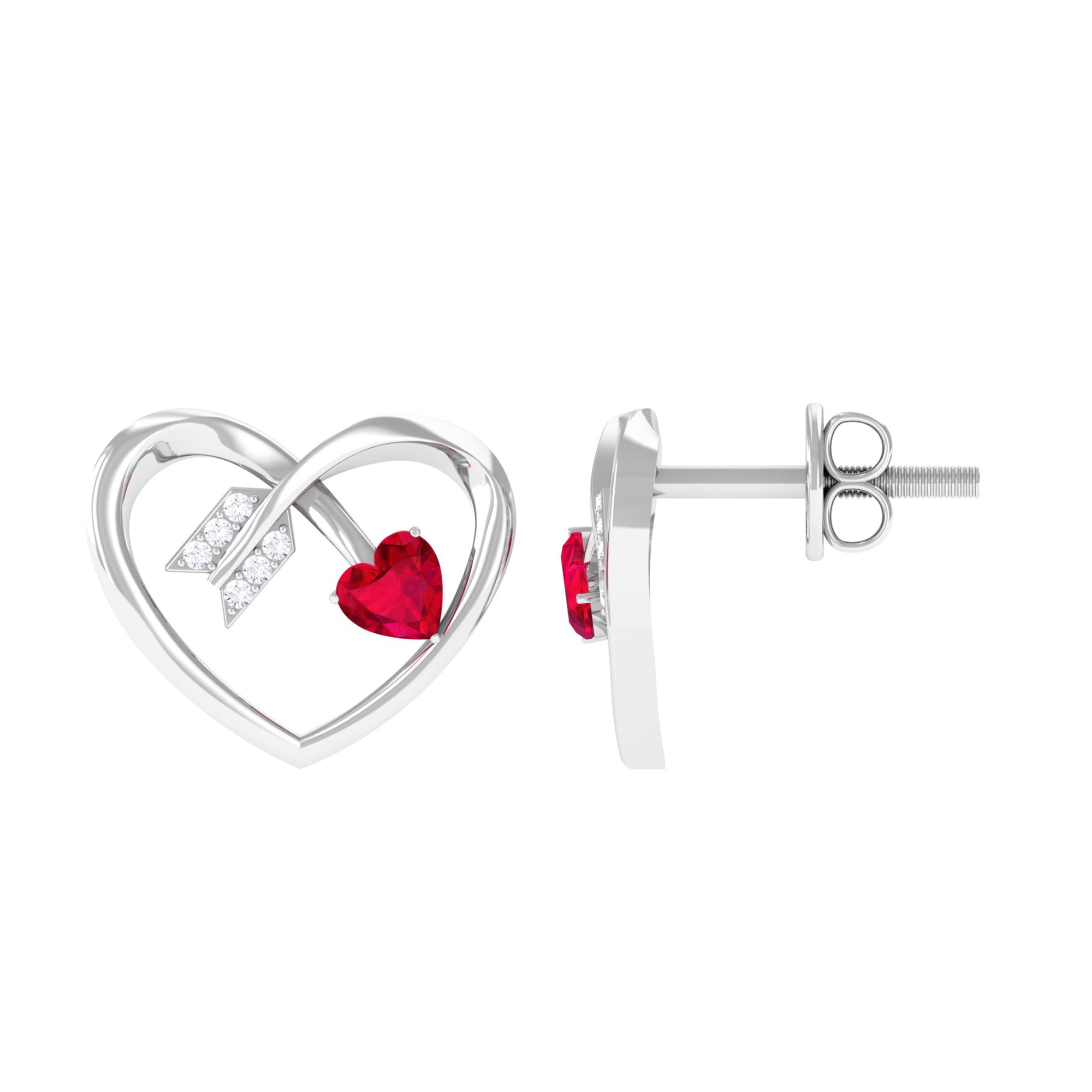 Heart Stud Earrings with Lab Created Ruby and Diamond Lab Created Ruby - ( AAAA ) - Quality - Rosec Jewels