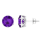 Solitaire Stud Earrings with Round Shaped Amethyst Amethyst - ( AAA ) - Quality - Rosec Jewels