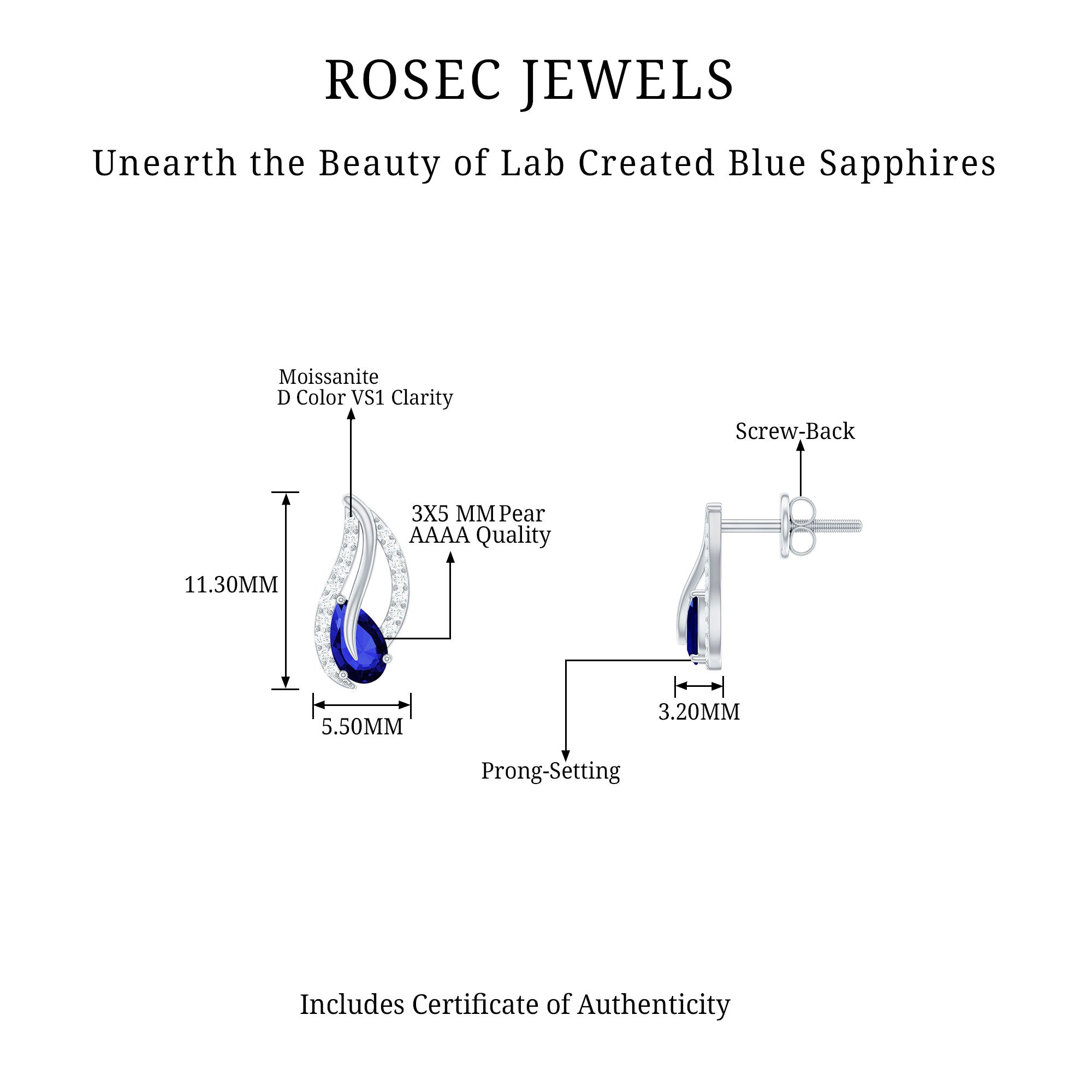 Created Blue Sapphire and Moissanite Leaf Stud Earrings Lab Created Blue Sapphire - ( AAAA ) - Quality - Rosec Jewels