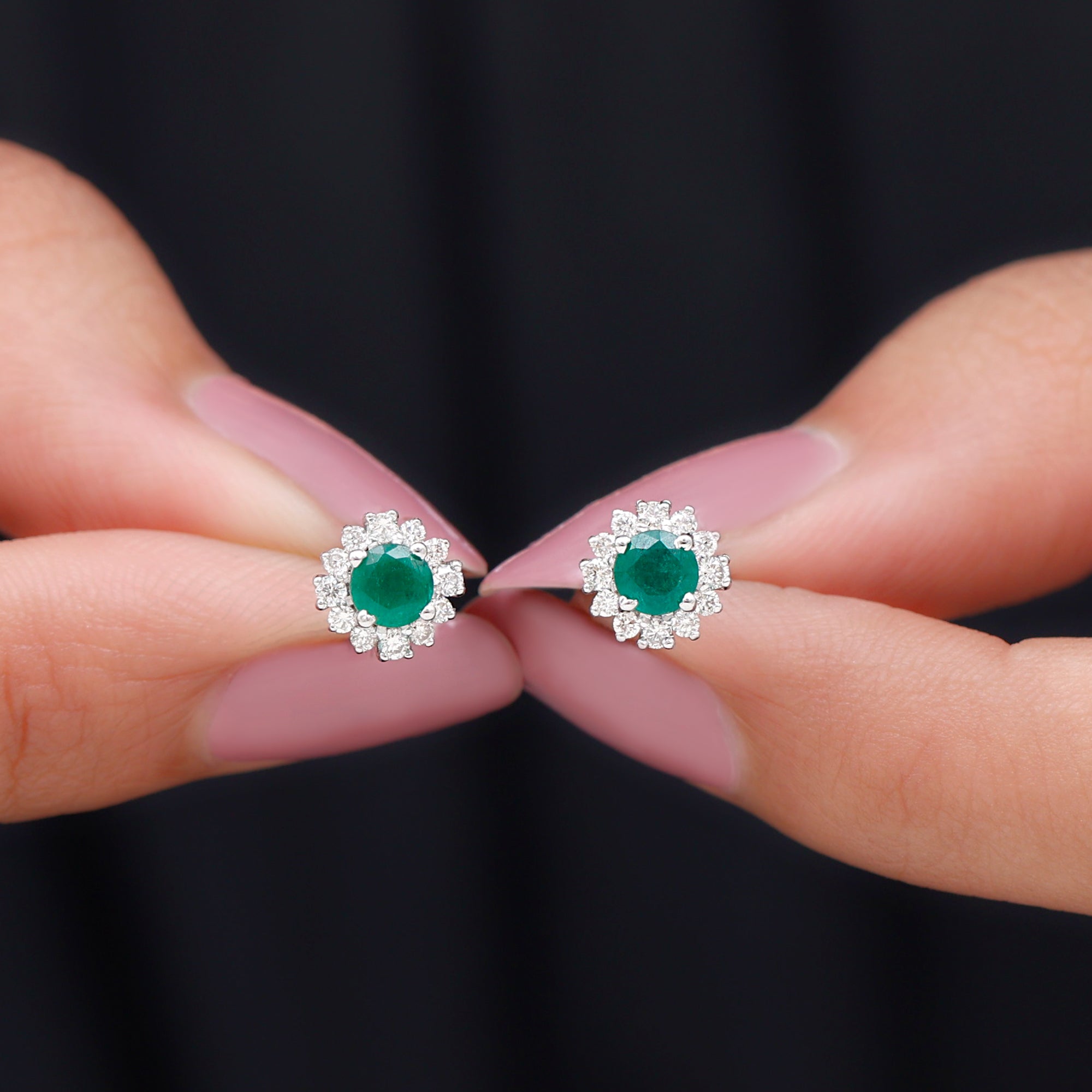 1 CT Classic Emerald Stud Earrings with Diamond Accent Emerald - ( AAA ) - Quality - Rosec Jewels