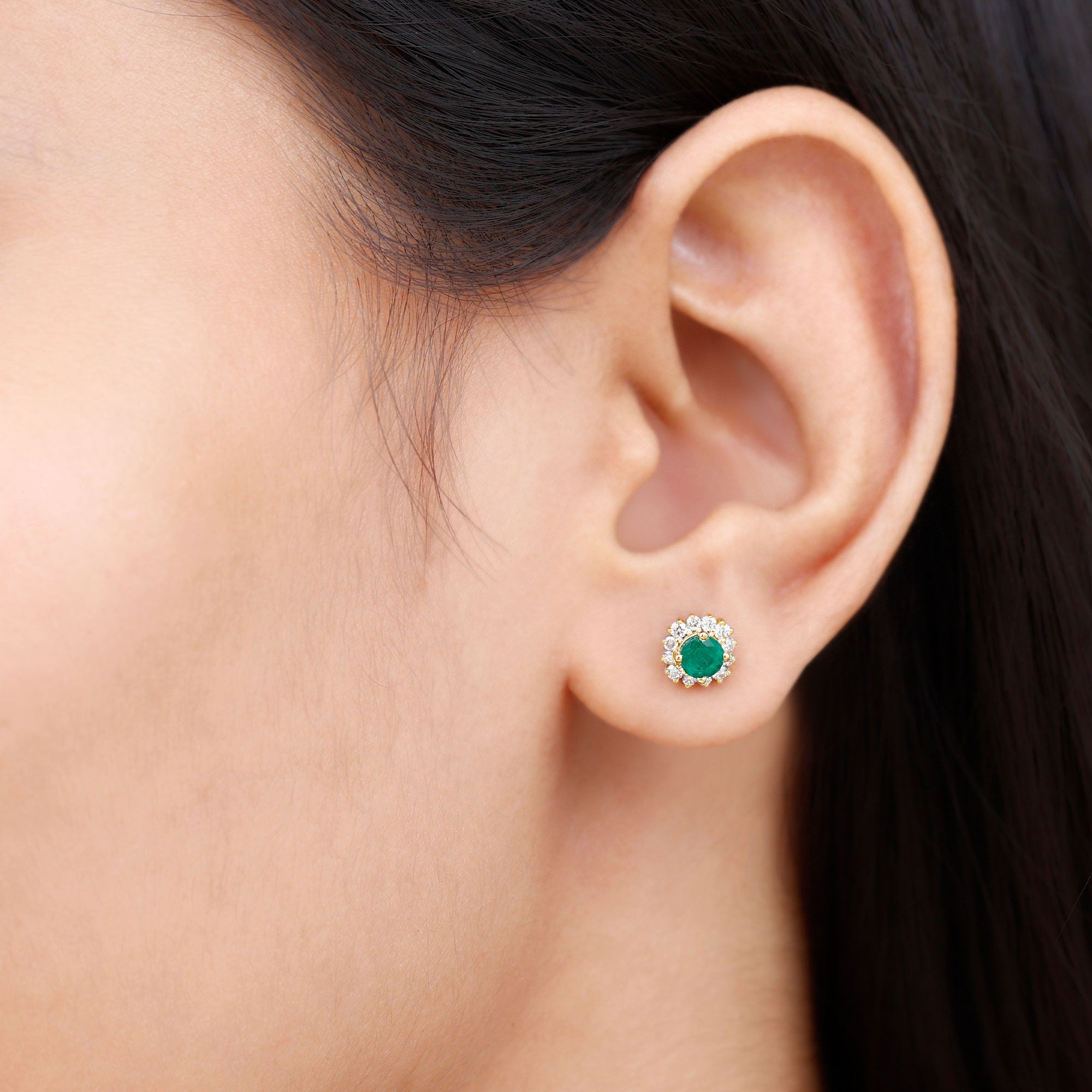 1 CT Classic Emerald Stud Earrings with Diamond Accent Emerald - ( AAA ) - Quality - Rosec Jewels