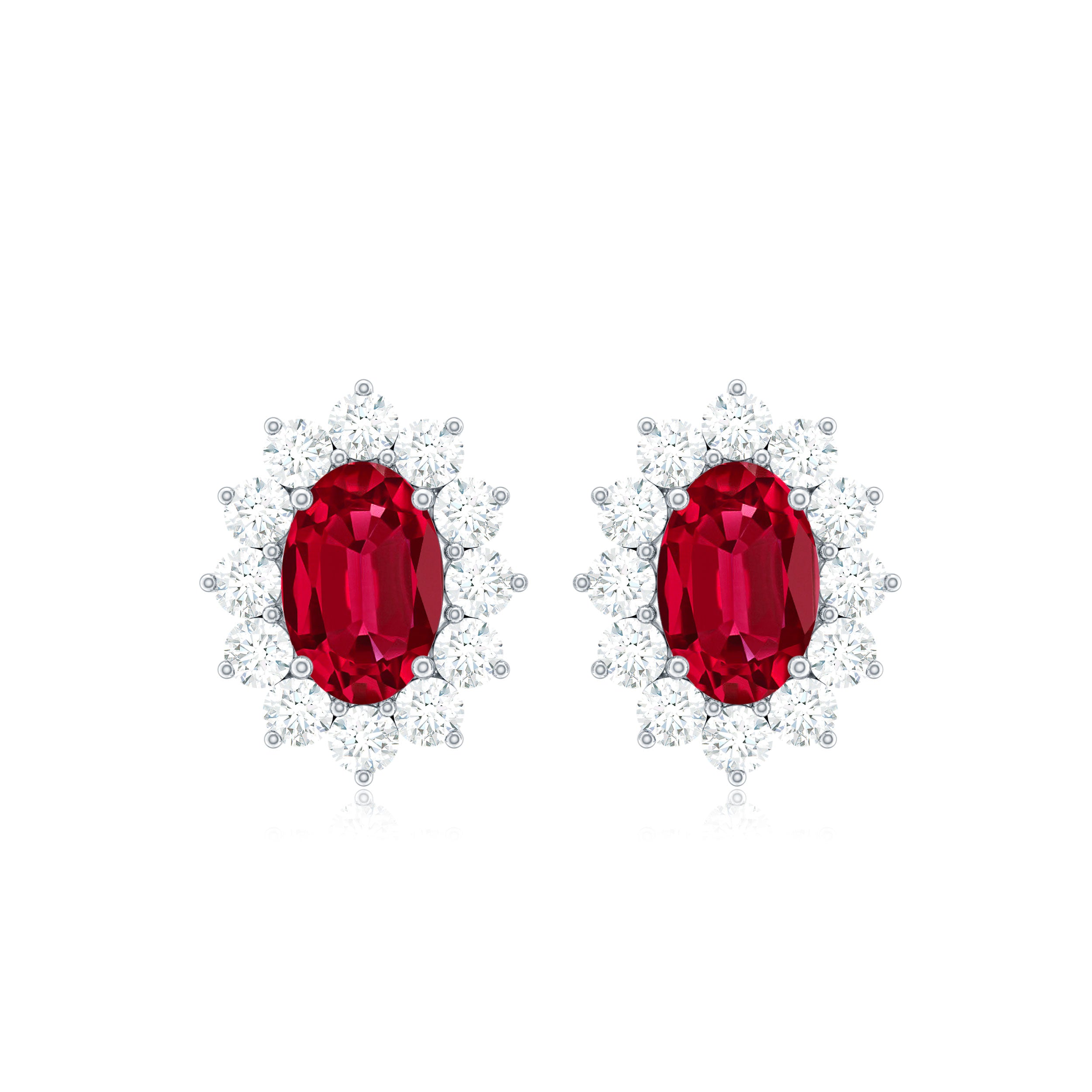 Classic Created Ruby Halo Stud Earrings with Diamond Lab Created Ruby - ( AAAA ) - Quality - Rosec Jewels