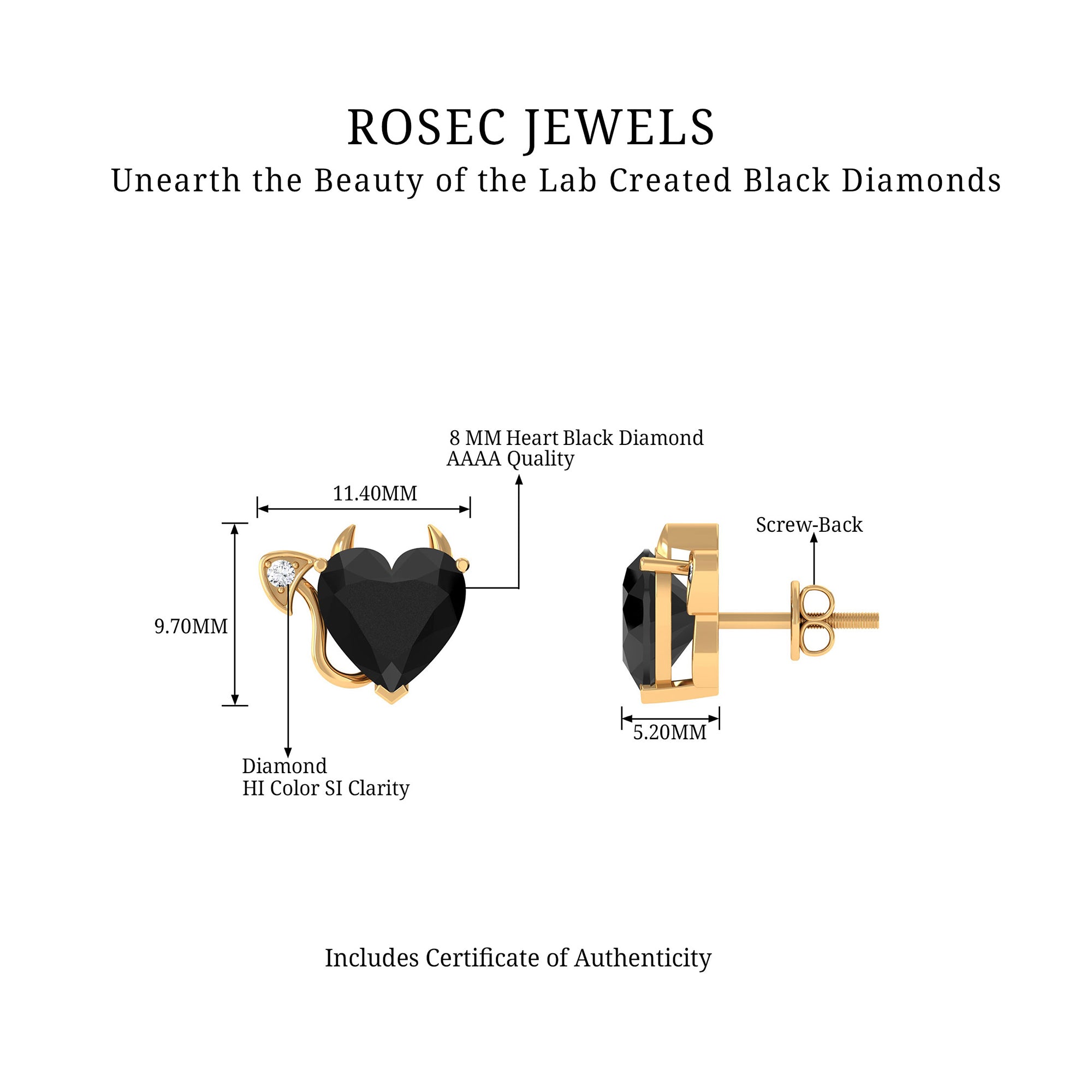 Heart Shape Lab Grown Black Diamond Gothic Stud Earrings with Diamond Lab Created Black Diamond - ( AAAA ) - Quality - Rosec Jewels