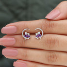 1/4 CT Amethyst and Diamond Cat on Moon Stud Earrings Amethyst - ( AAA ) - Quality - Rosec Jewels