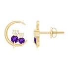 1/4 CT Amethyst and Diamond Cat on Moon Stud Earrings Amethyst - ( AAA ) - Quality - Rosec Jewels