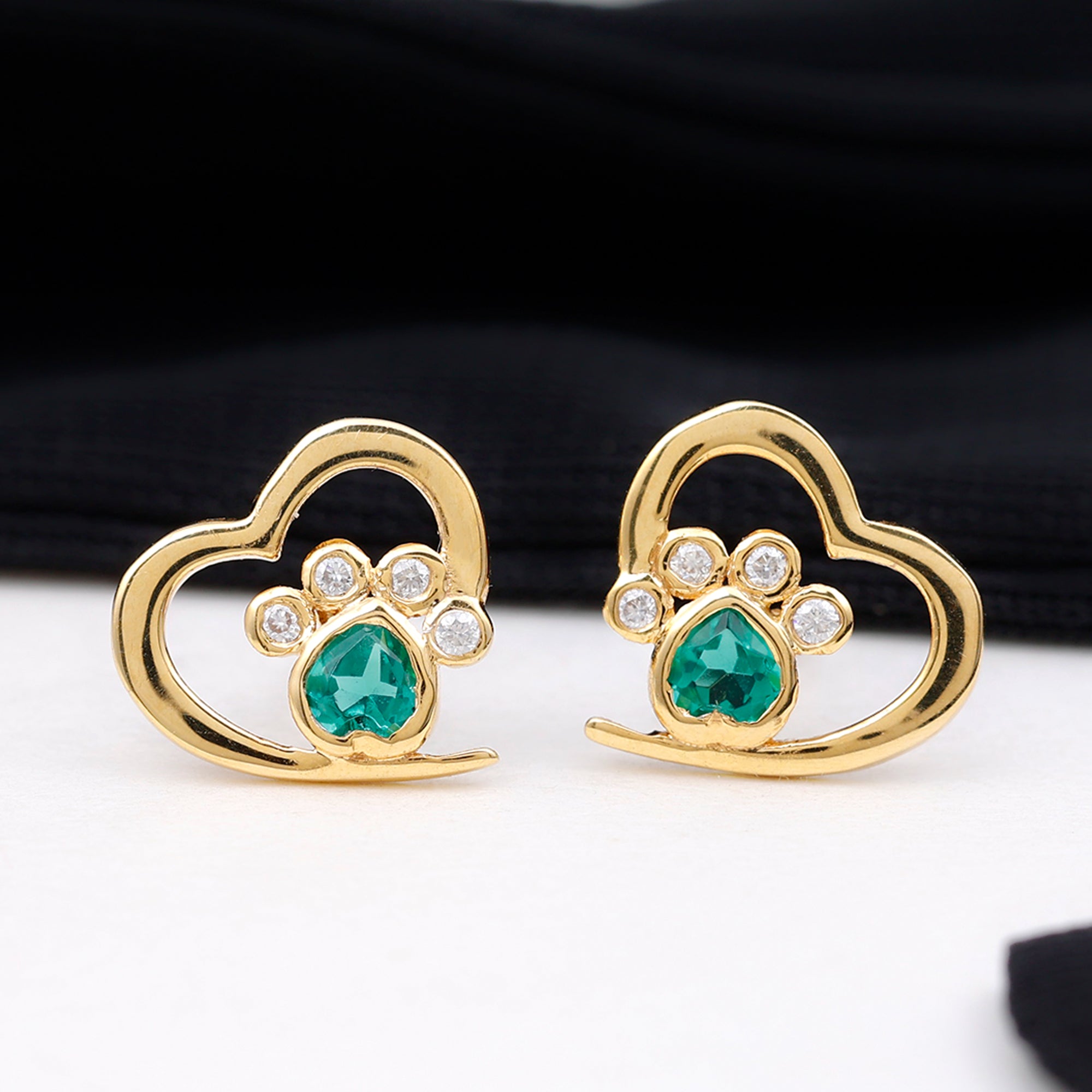 1/4 CT Created Emerald and Moissanite Heart Paw Stud Earrings Lab Created Emerald - ( AAAA ) - Quality - Rosec Jewels