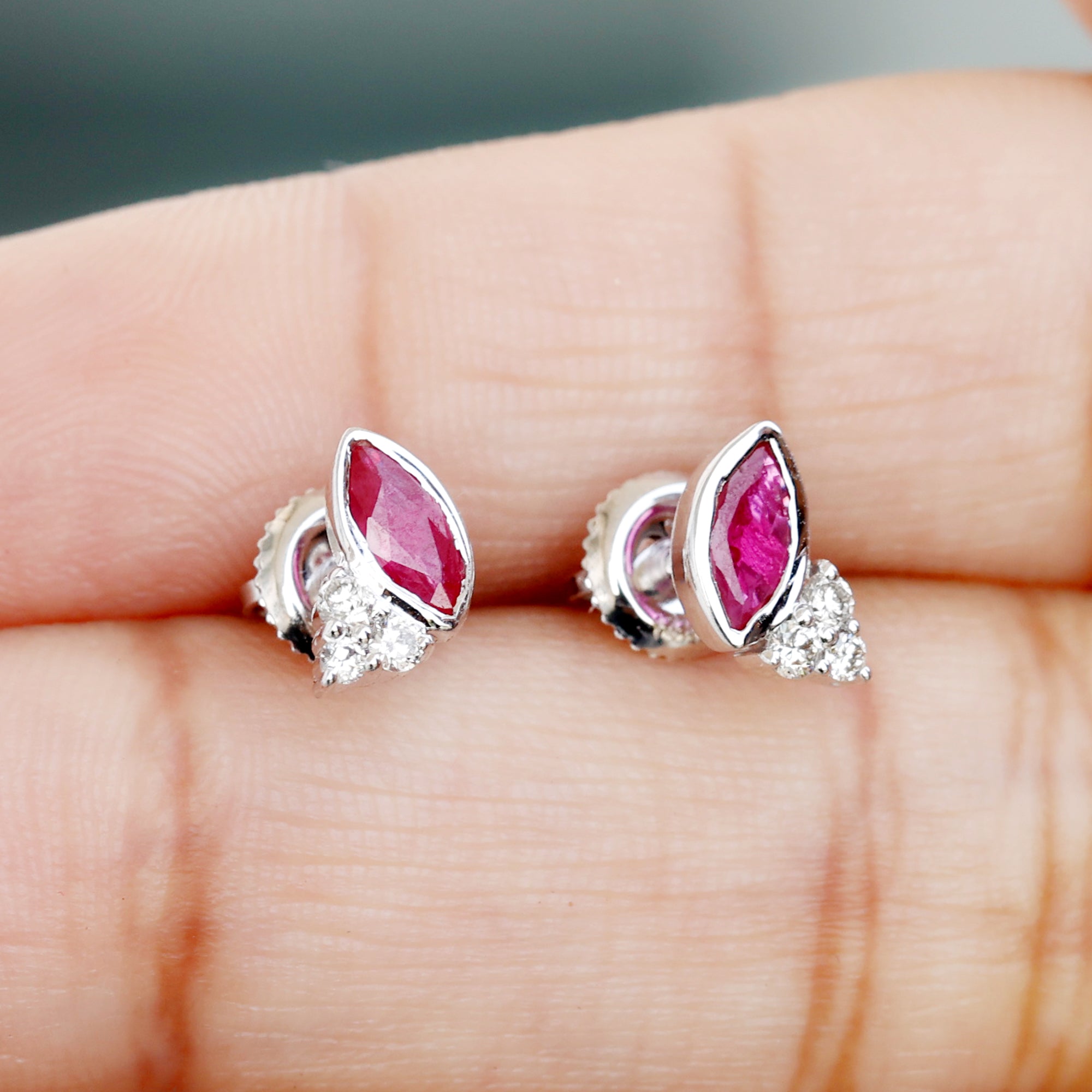 1 CT Marquise Cut Ruby Stud Earring with Trio Diamond Ruby - ( AAA ) - Quality - Rosec Jewels