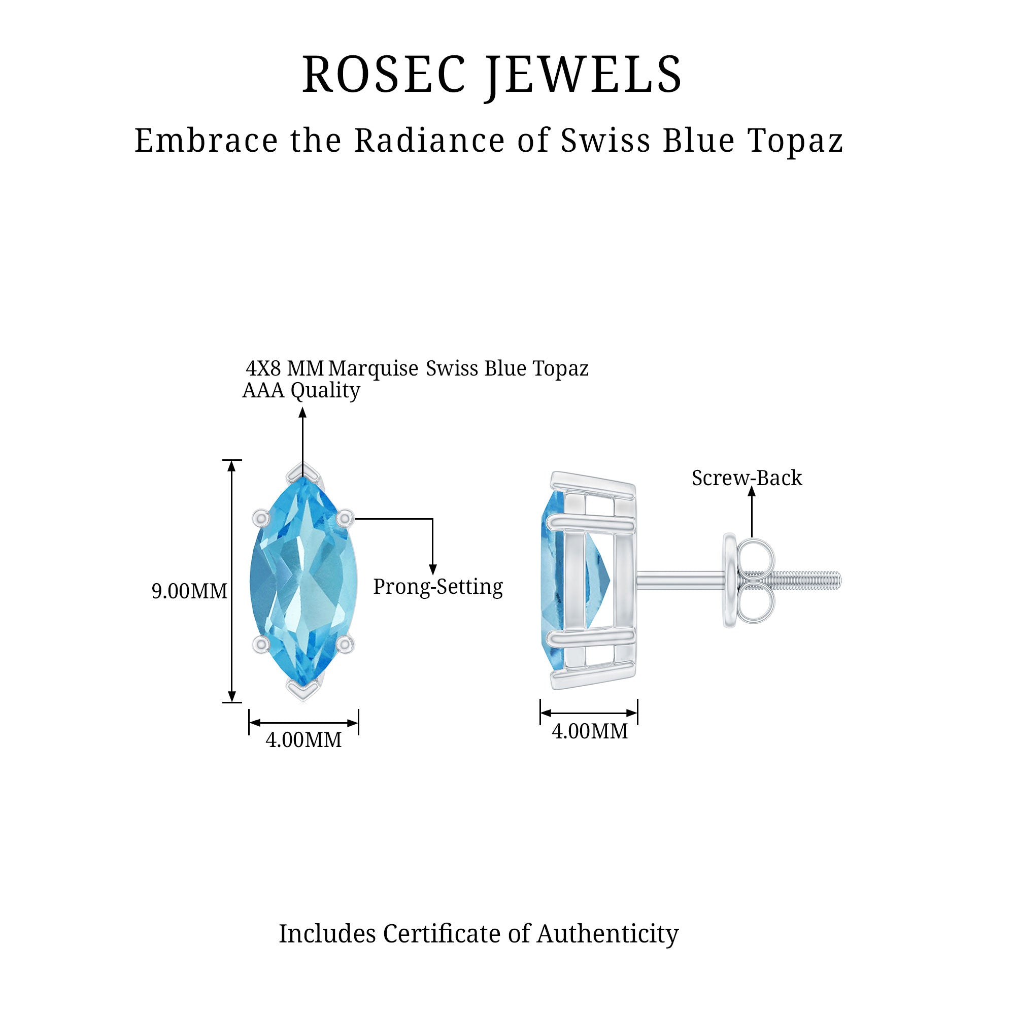 Marquise Cut Swiss Blue Topaz Solitaire Stud Earrings Swiss Blue Topaz - ( AAA ) - Quality - Rosec Jewels