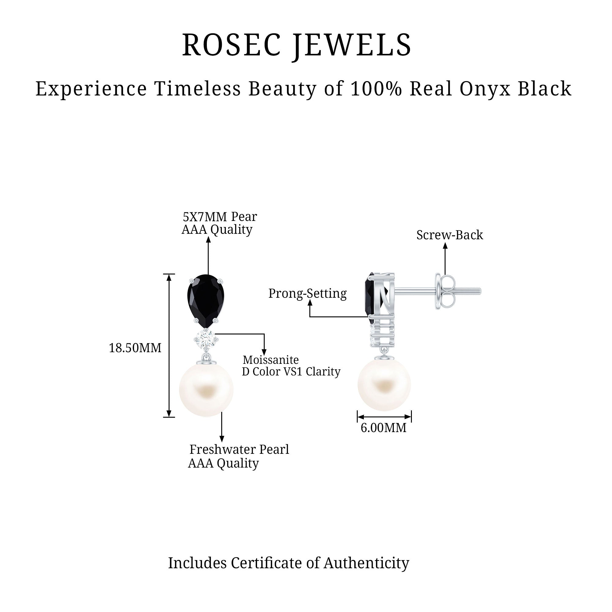 5.75 CT Freshwater Pearl Drop Earrings with Black Onyx and Moissanite Black Onyx - ( AAA ) - Quality - Rosec Jewels