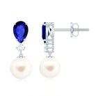 3.75 CT Created Blue Sapphire and Moissanite Dangle Earrings with Freshwater Pearl Drop Freshwater Pearl - ( AAA ) - Quality - Rosec Jewels