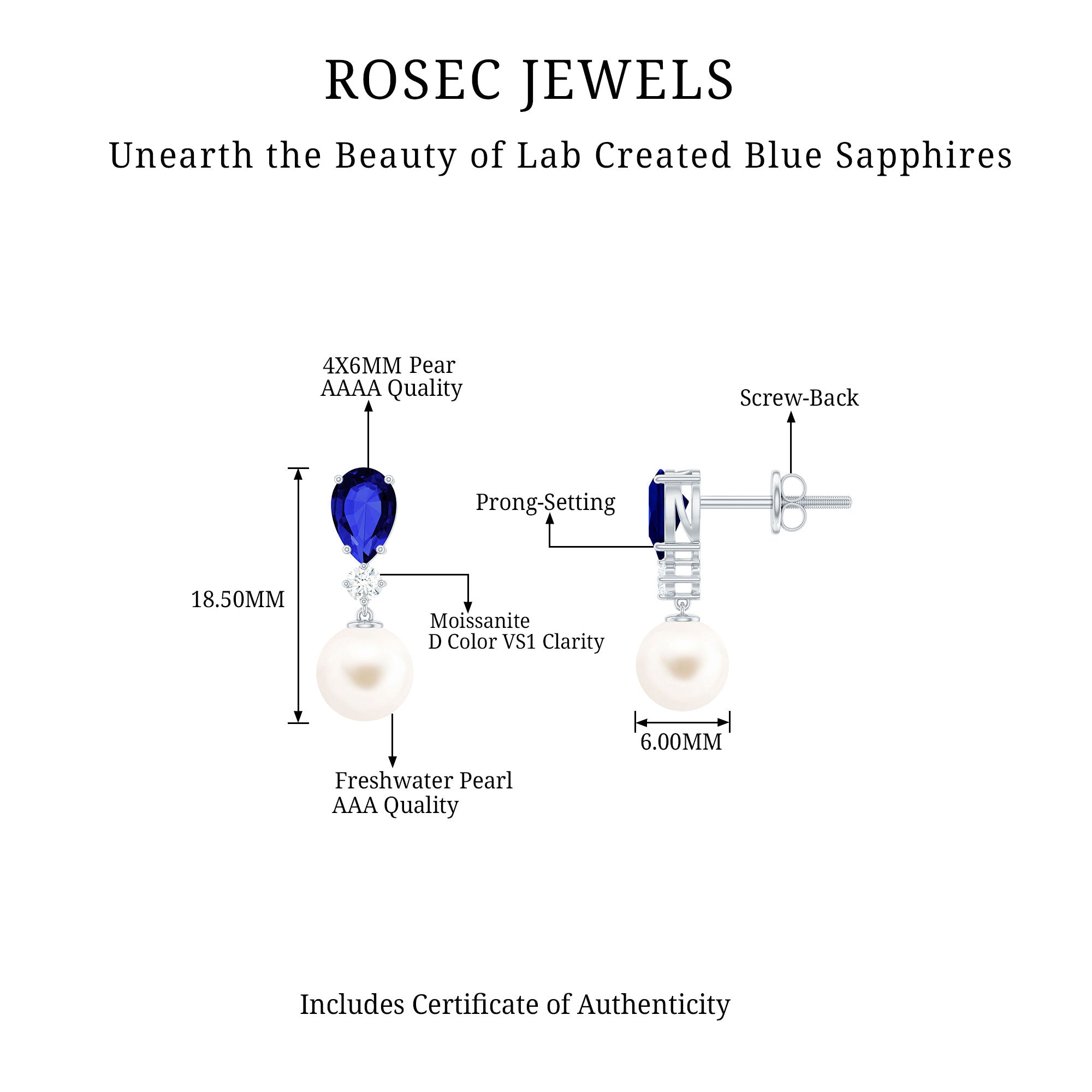 3.75 CT Created Blue Sapphire and Moissanite Dangle Earrings with Freshwater Pearl Drop Freshwater Pearl - ( AAA ) - Quality - Rosec Jewels