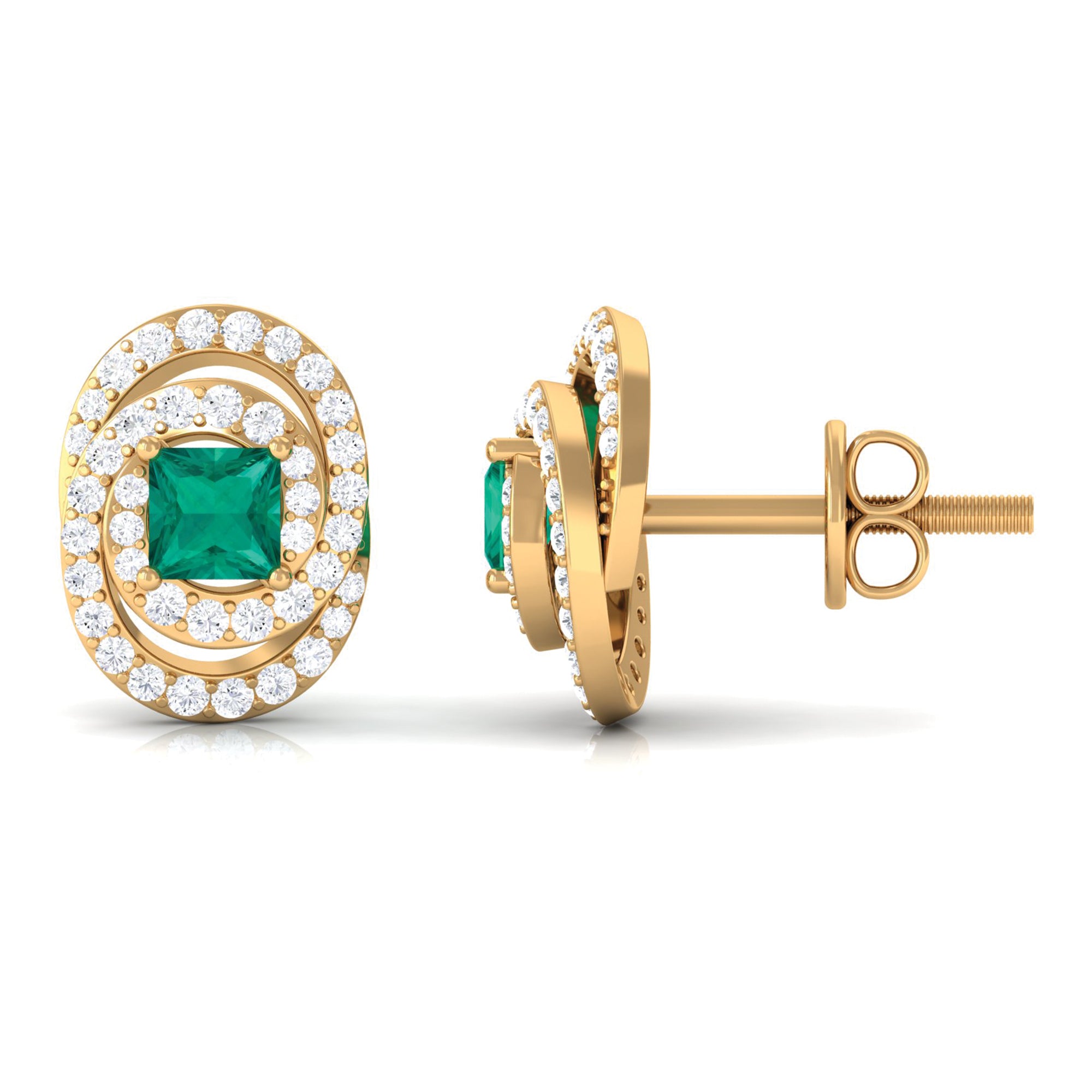 3/4 CT Princess Cut Emerald and Diamond Cocktail Stud Earrings Emerald - ( AAA ) - Quality - Rosec Jewels