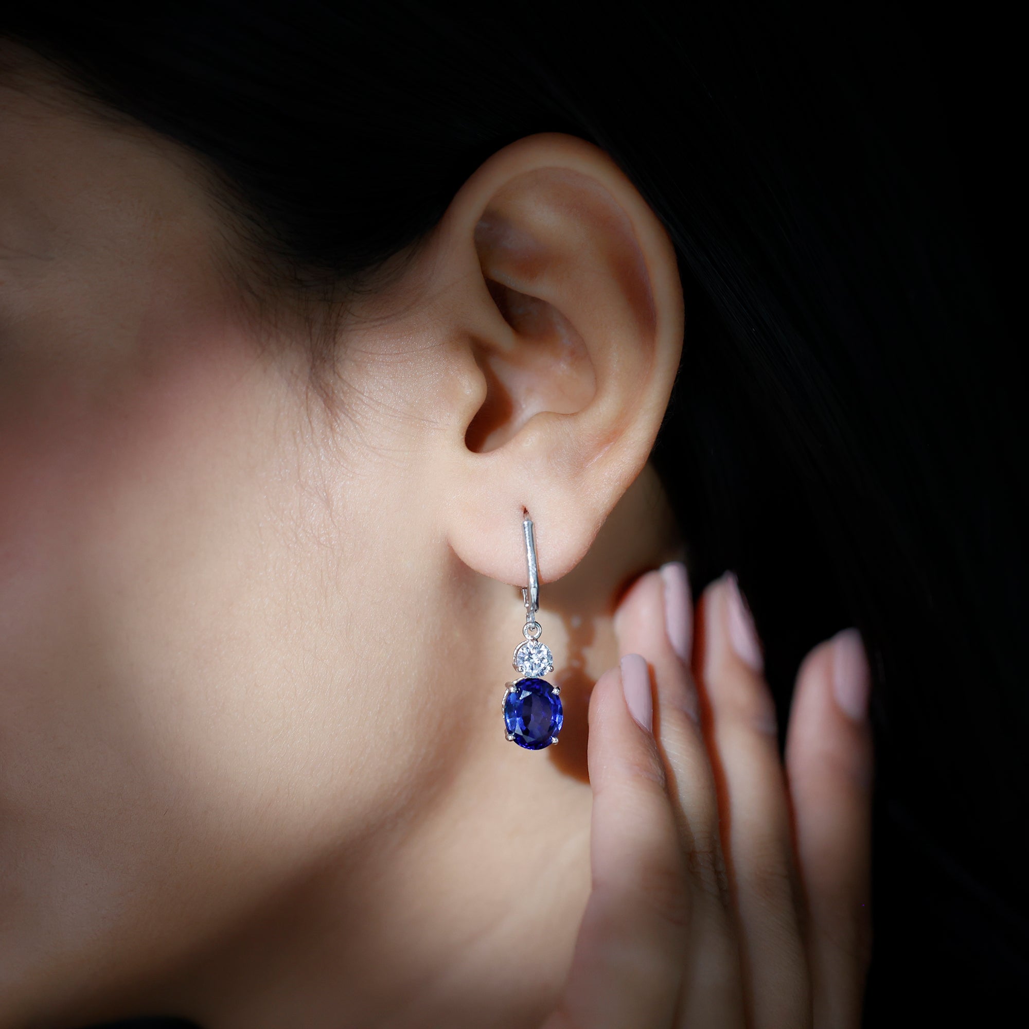 Created Blue Sapphire Dangle Drop Earrings Lab Created Blue Sapphire - ( AAAA ) - Quality 92.5 Sterling Silver - Rosec Jewels