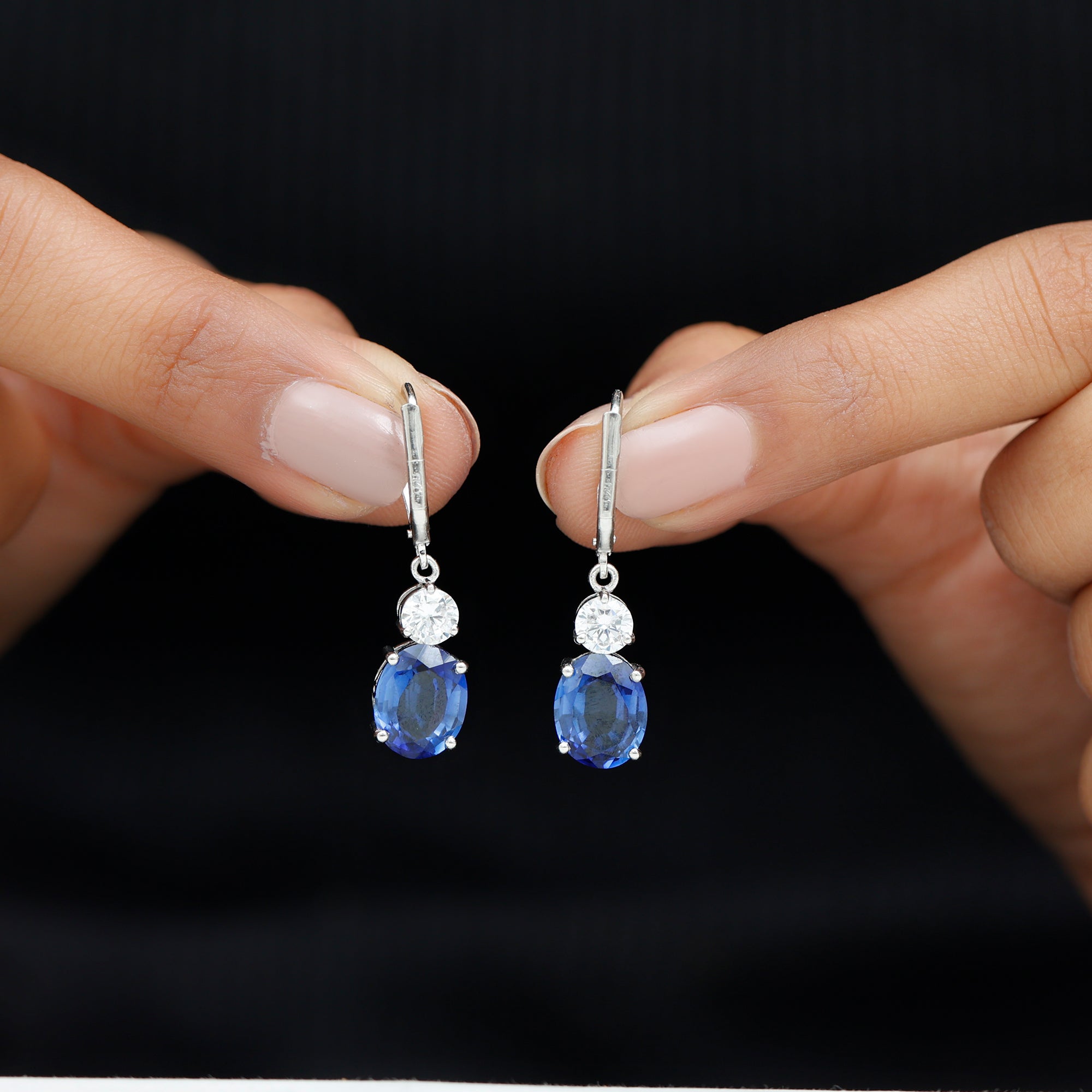 Oval Created Blue Sapphire and Zircon Drop Earrings with Lever Back Lab Created Blue Sapphire - ( AAAA ) - Quality - Rosec Jewels