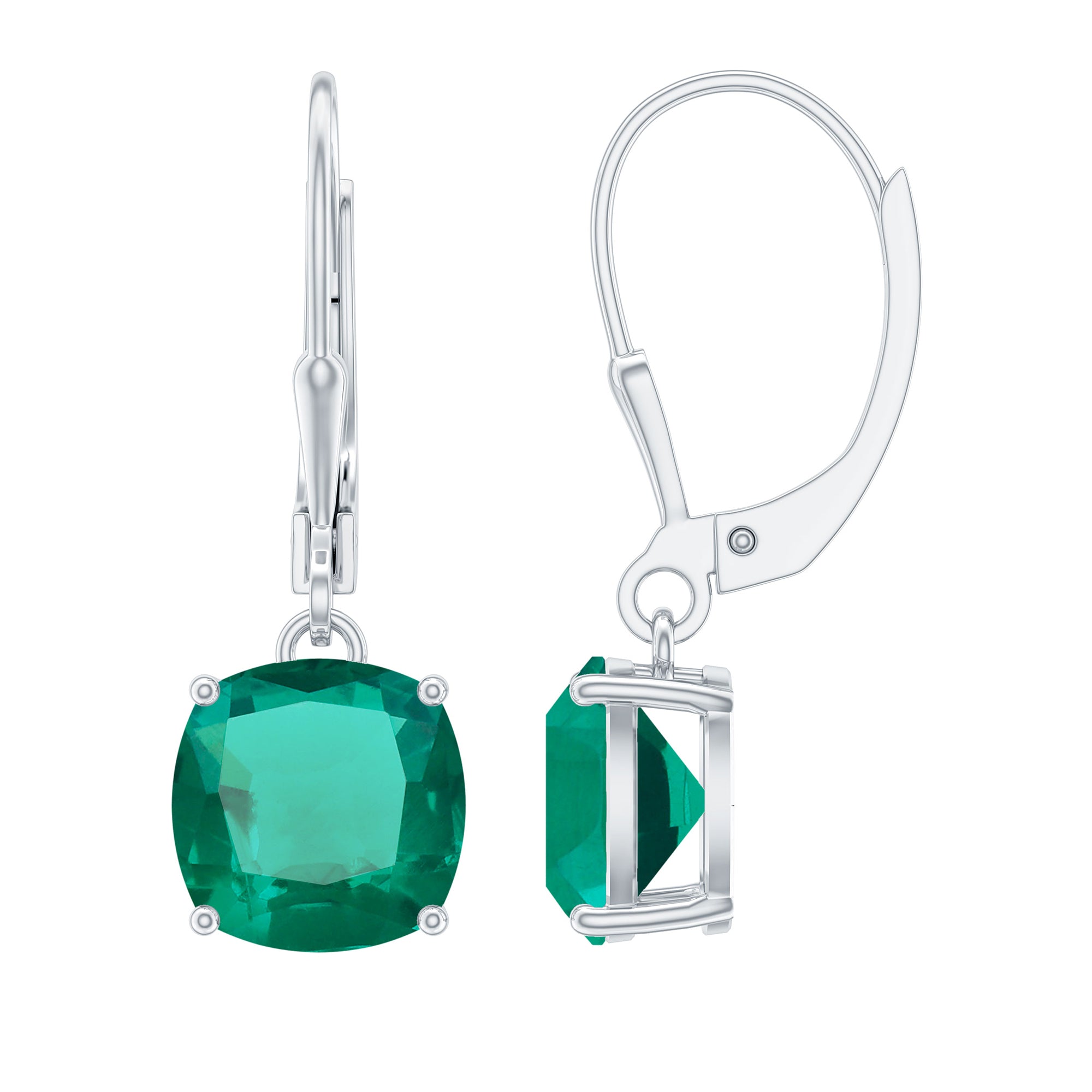 Cushion Cut Solitaire Created Emerald Drop Earrings Lab Created Emerald - ( AAAA ) - Quality - Rosec Jewels