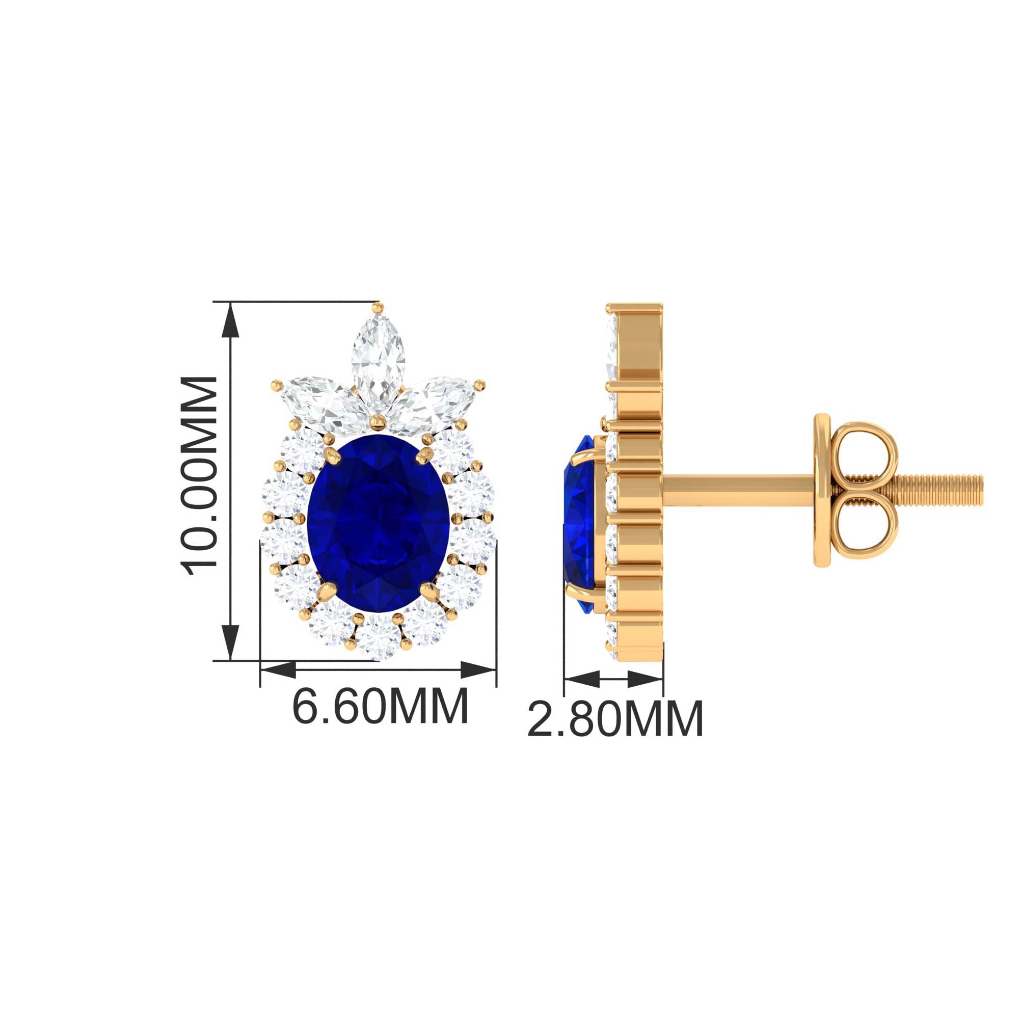 Floral Inspired Oval Created Blue Sapphire and Diamond Stud Earrings Lab Created Blue Sapphire - ( AAAA ) - Quality - Rosec Jewels