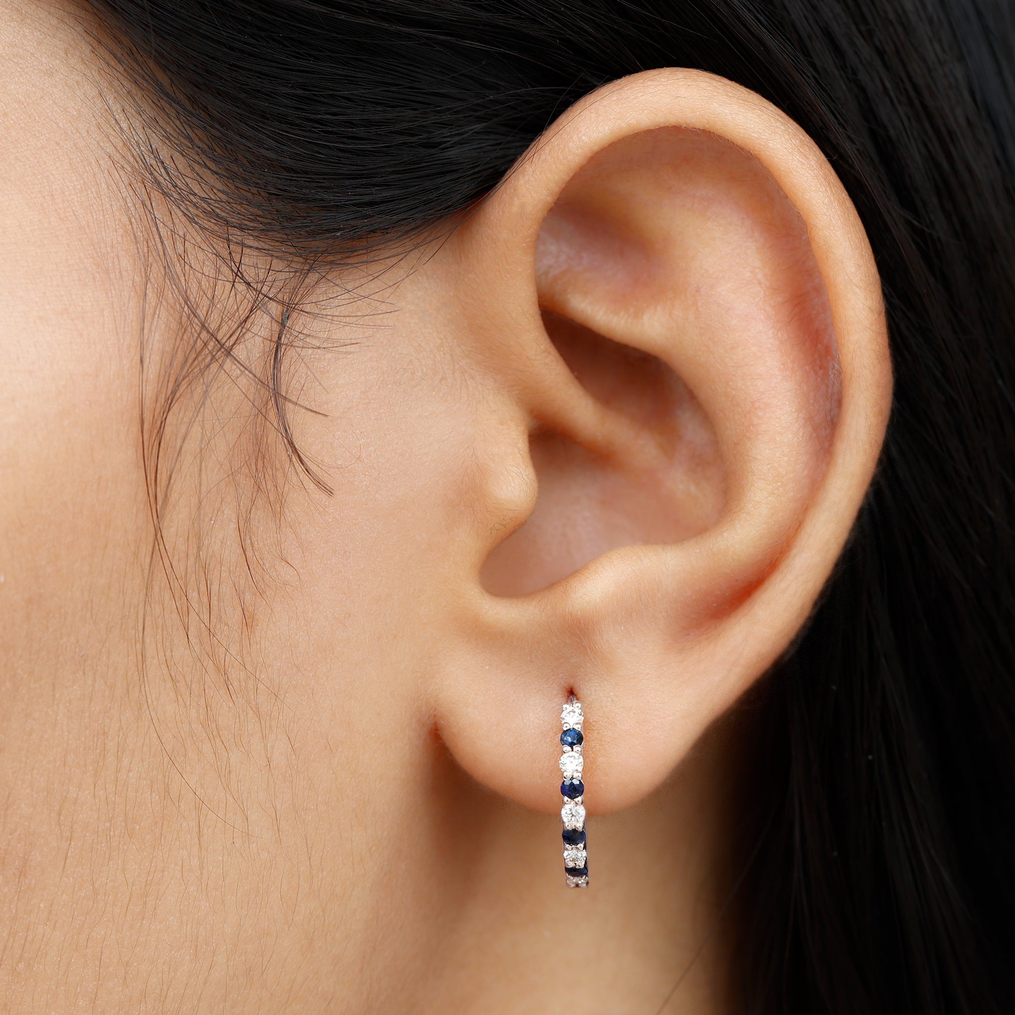 Minimal Hoop Earrings with Blue Sapphire and Moissanite in Gold Blue Sapphire - ( AAA ) - Quality - Rosec Jewels