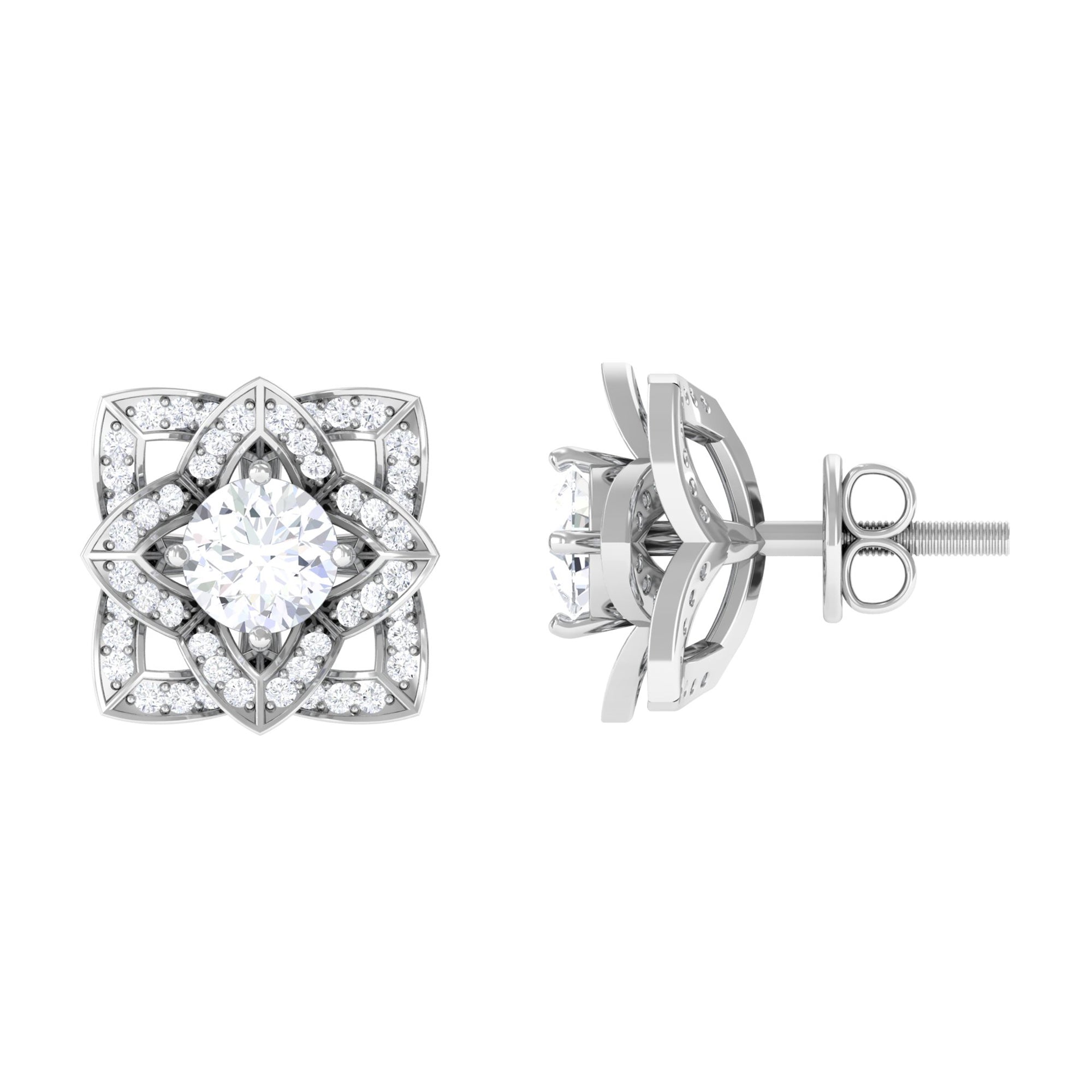 Flower Stud Earrings with Round Shape Diamond Diamond - ( HI-SI ) - Color and Clarity - Rosec Jewels