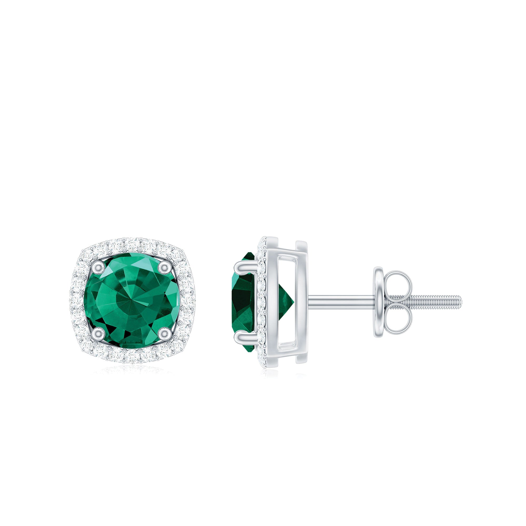 Created Emerald Halo Stud Earrings with Diamond Lab Created Emerald - ( AAAA ) - Quality - Rosec Jewels