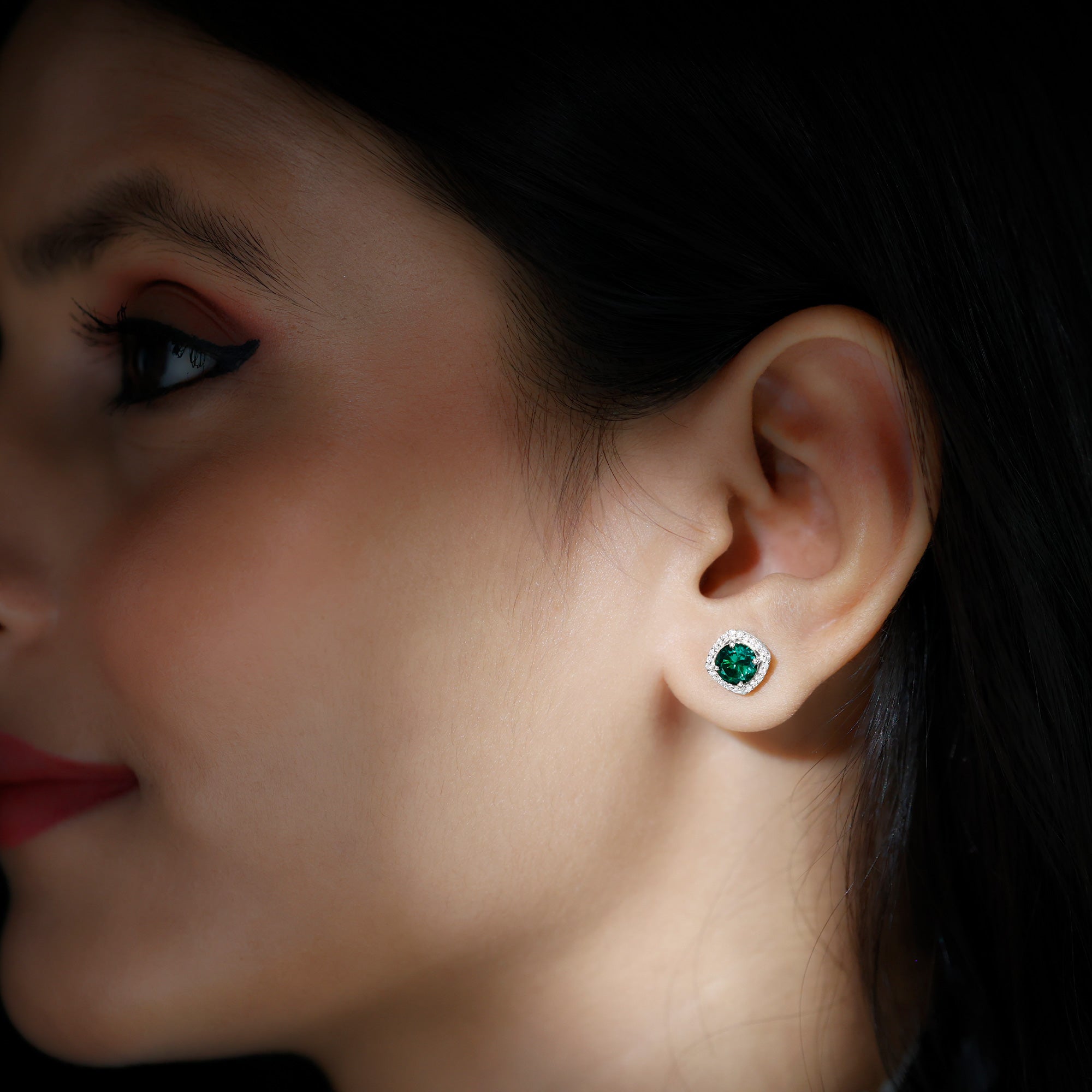 Created Emerald Halo Stud Earrings with Diamond Lab Created Emerald - ( AAAA ) - Quality - Rosec Jewels