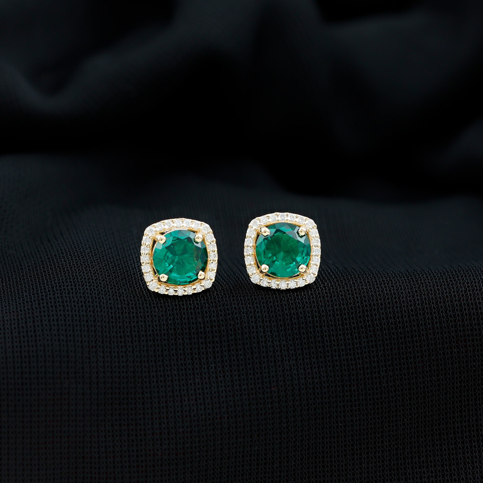 Created Emerald Halo Stud Earrings with Diamond Lab Created Emerald - ( AAAA ) - Quality - Rosec Jewels