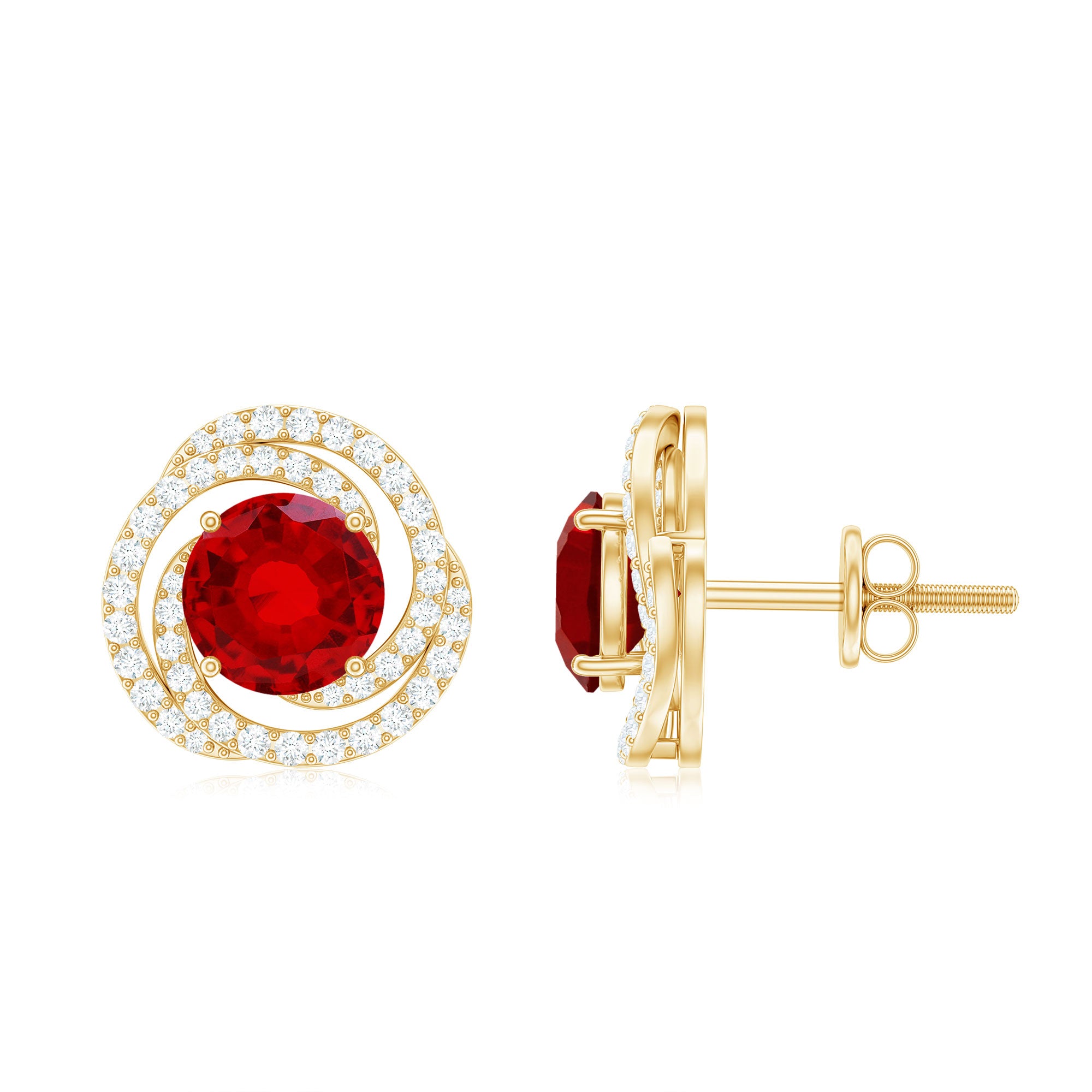 Round Created Ruby Braided Halo Stud Earrings with Diamond Lab Created Ruby - ( AAAA ) - Quality - Rosec Jewels