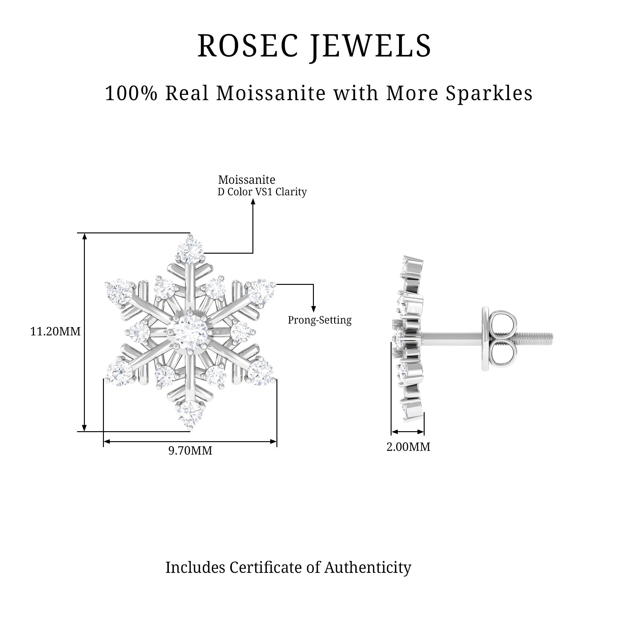 0.75 CT Certified Moissanite Snowflake Stud Earrings in Gold Moissanite - ( D-VS1 ) - Color and Clarity - Rosec Jewels