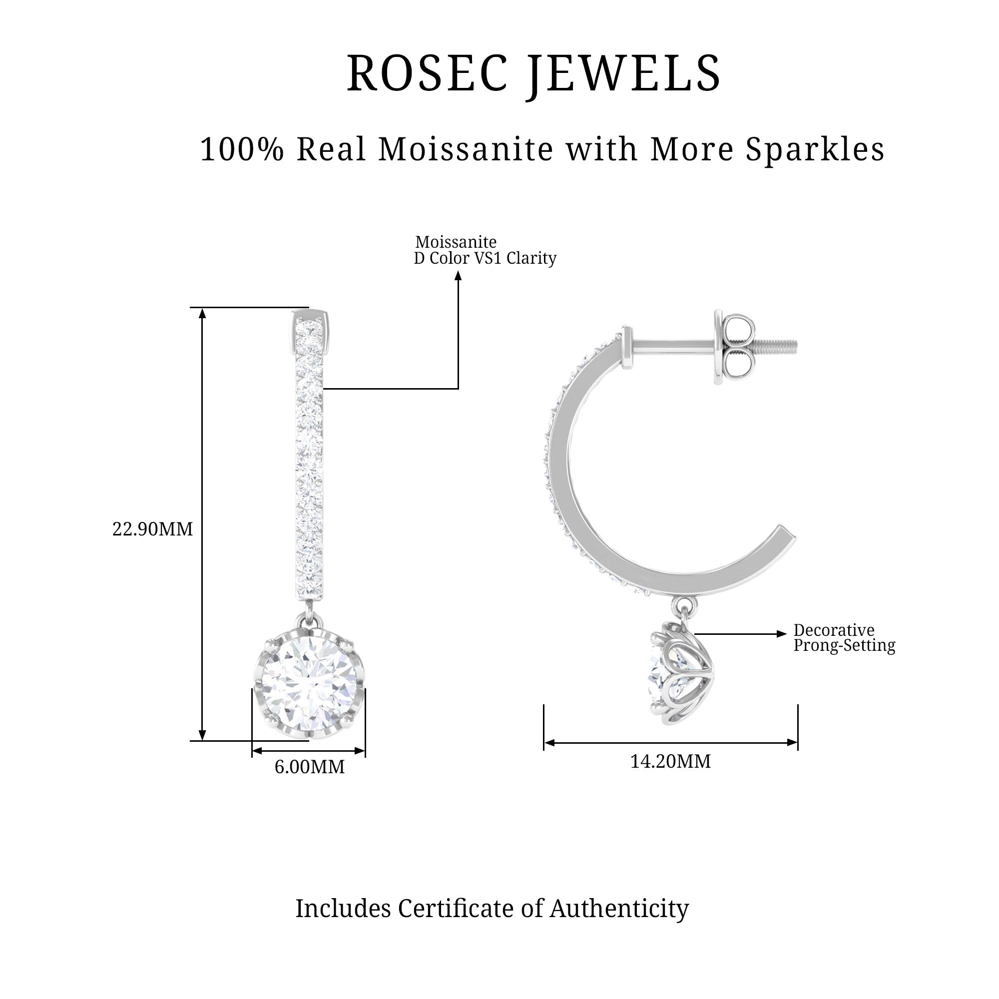 1.75 CT Moissanite and Silver Minimal Hoop Drop Earrings - Rosec Jewels