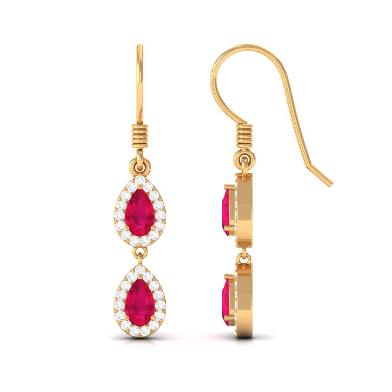 Ruby and Diamond Dangle Earrings with Fish Hook Ruby - ( AAA ) - Quality - Rosec Jewels