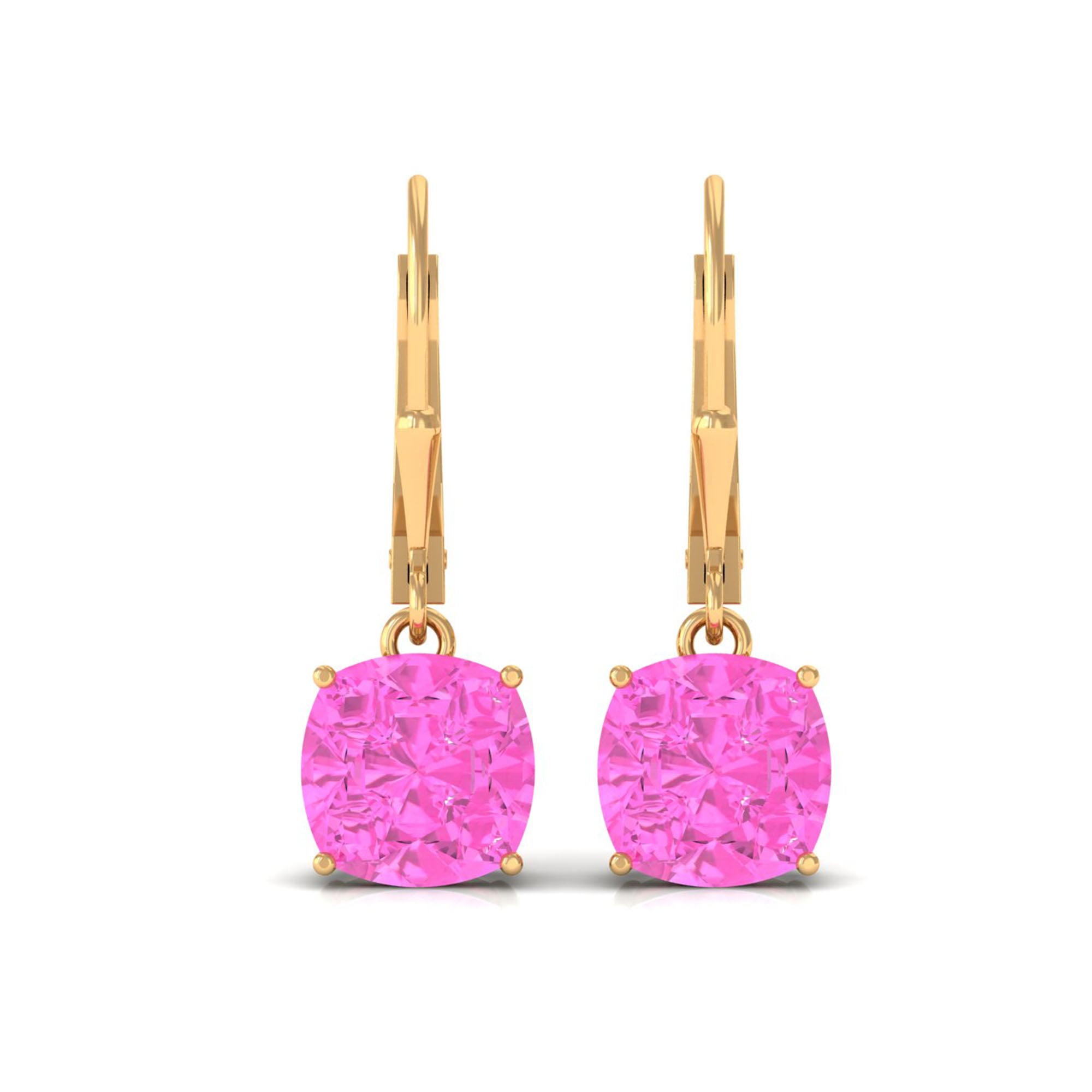 Cushion Cut Created Pink Sapphire Solitaire Drop Earrings with Lever Back Lab Created Pink Sapphire - ( AAAA ) - Quality - Rosec Jewels