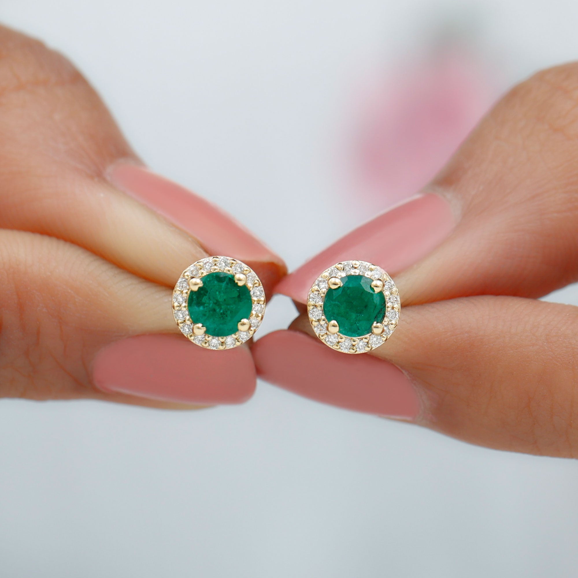 Halo Stud Earrings with Emerald and Diamond Emerald - ( AAA ) - Quality - Rosec Jewels