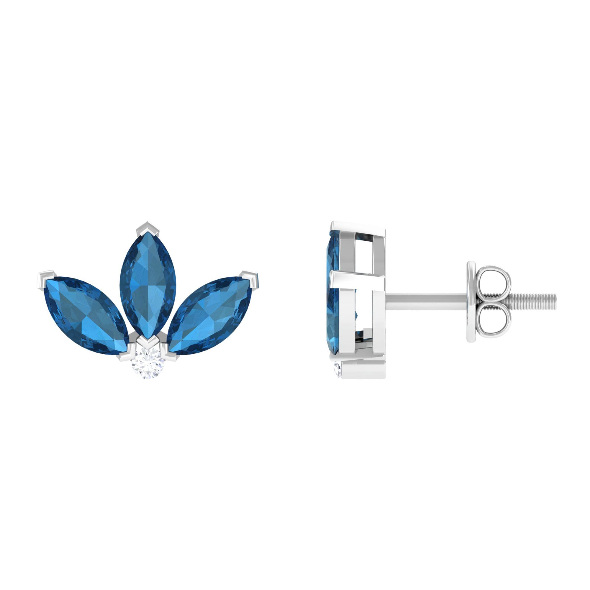Floral Stud Earrings with London Blue Topaz and Moissanite London Blue Topaz - ( AAA ) - Quality - Rosec Jewels