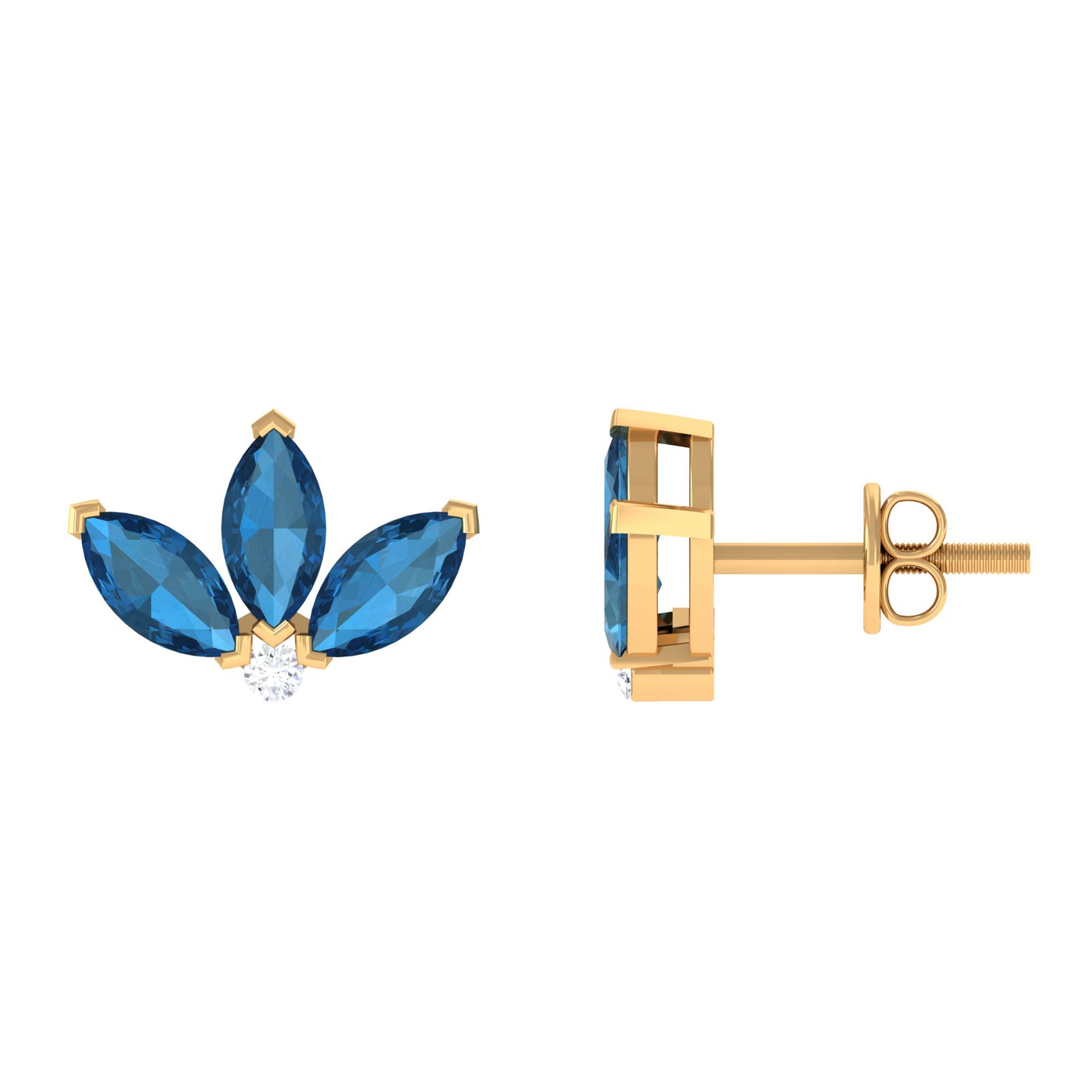 Floral Stud Earrings with London Blue Topaz and Moissanite London Blue Topaz - ( AAA ) - Quality - Rosec Jewels