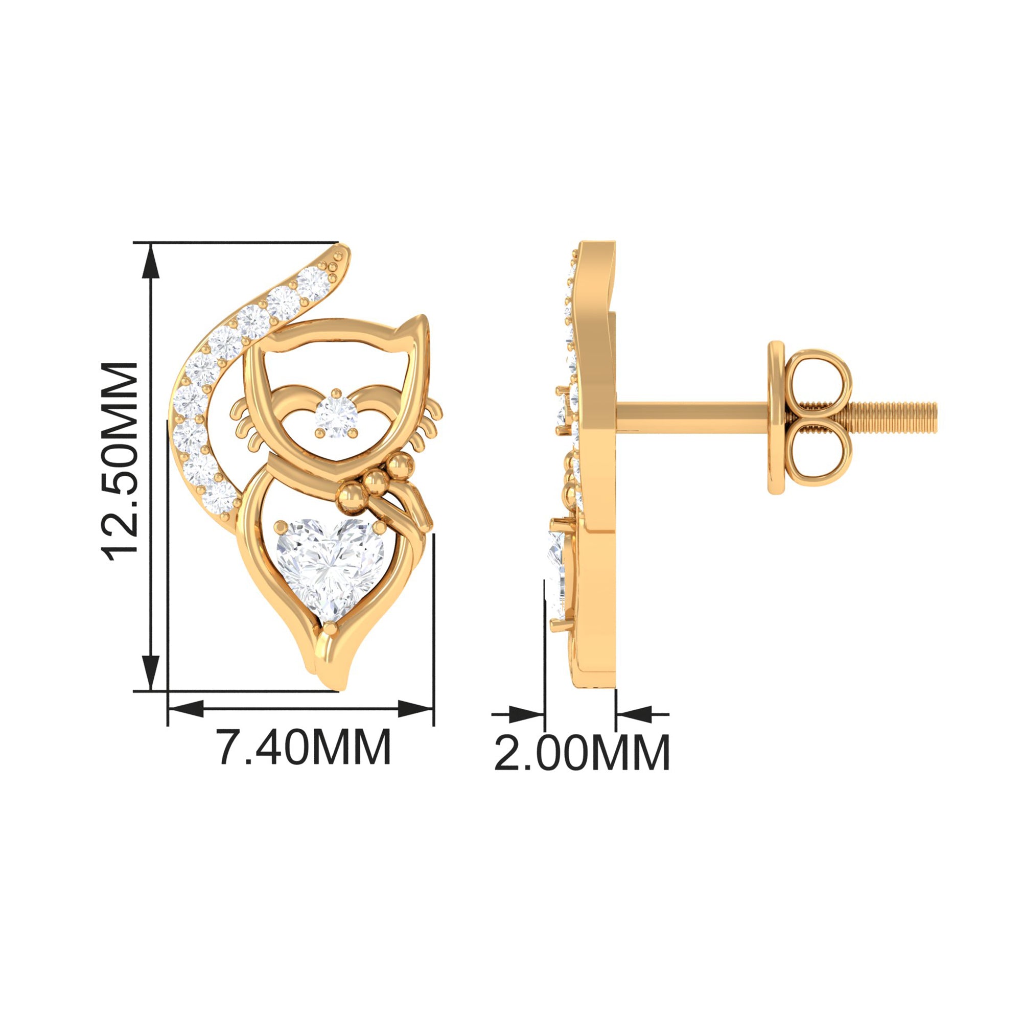 Heart and Round Diamond Animal Stud Earrings Diamond - ( HI-SI ) - Color and Clarity - Rosec Jewels