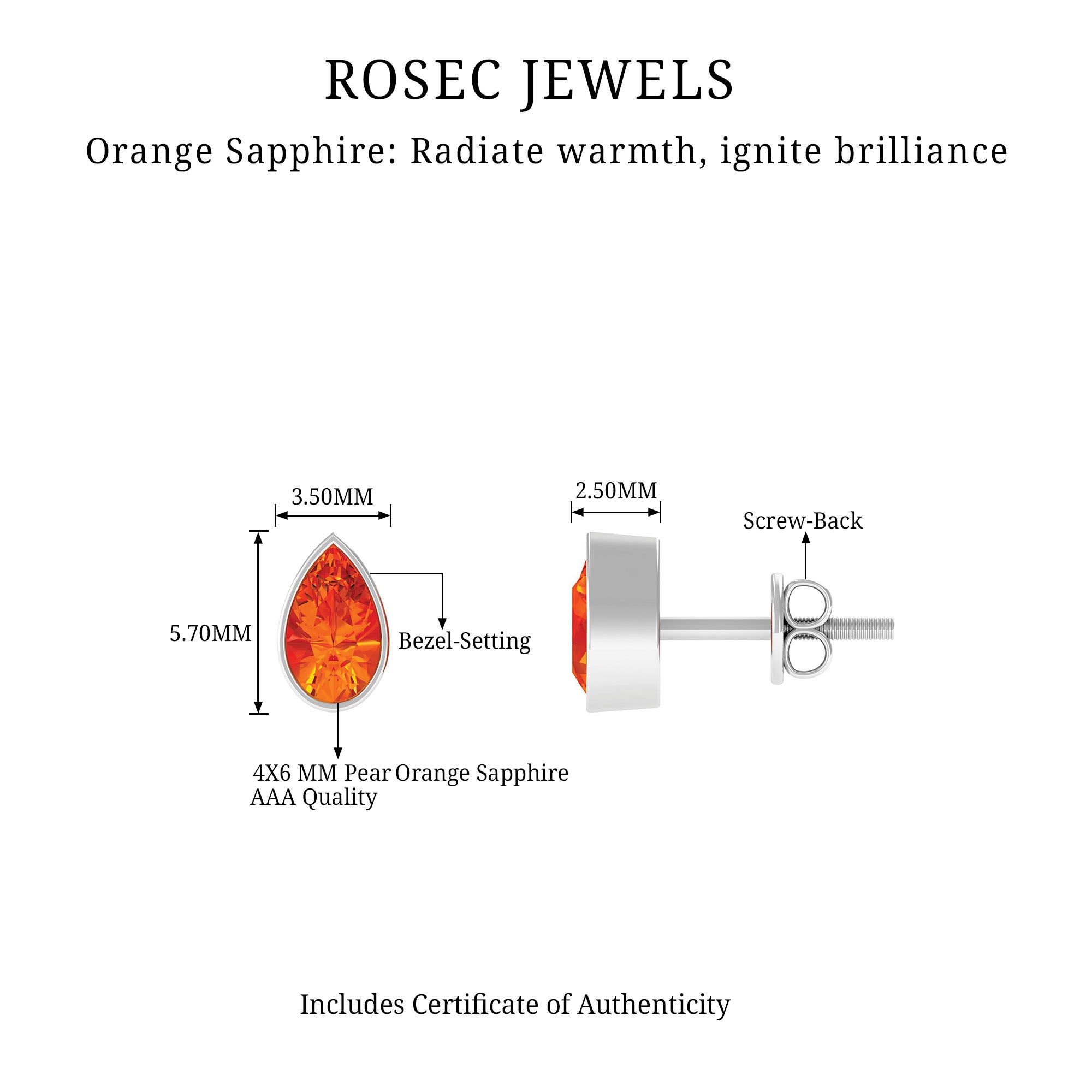 4X6 MM Pear Cut Orange Sapphire Solitaire Stud Earrings in Bezel Setting Orange Sapphire - ( AAA ) - Quality - Rosec Jewels