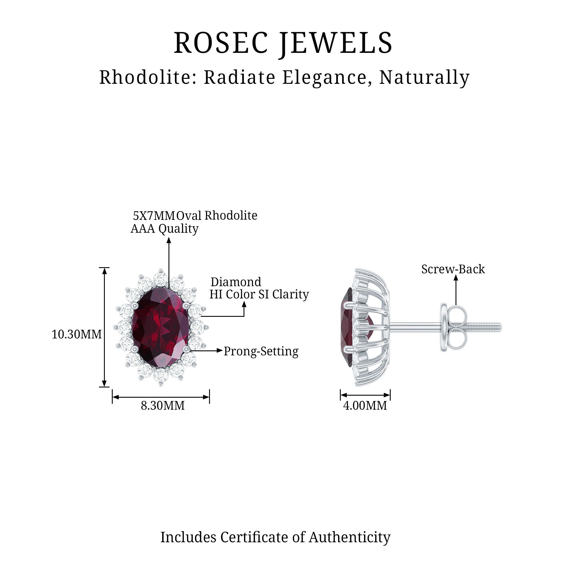 2.5 CT Oval Cut Rhodolite Statement Stud Earrings with Diamond Halo Rhodolite - ( AAA ) - Quality - Rosec Jewels