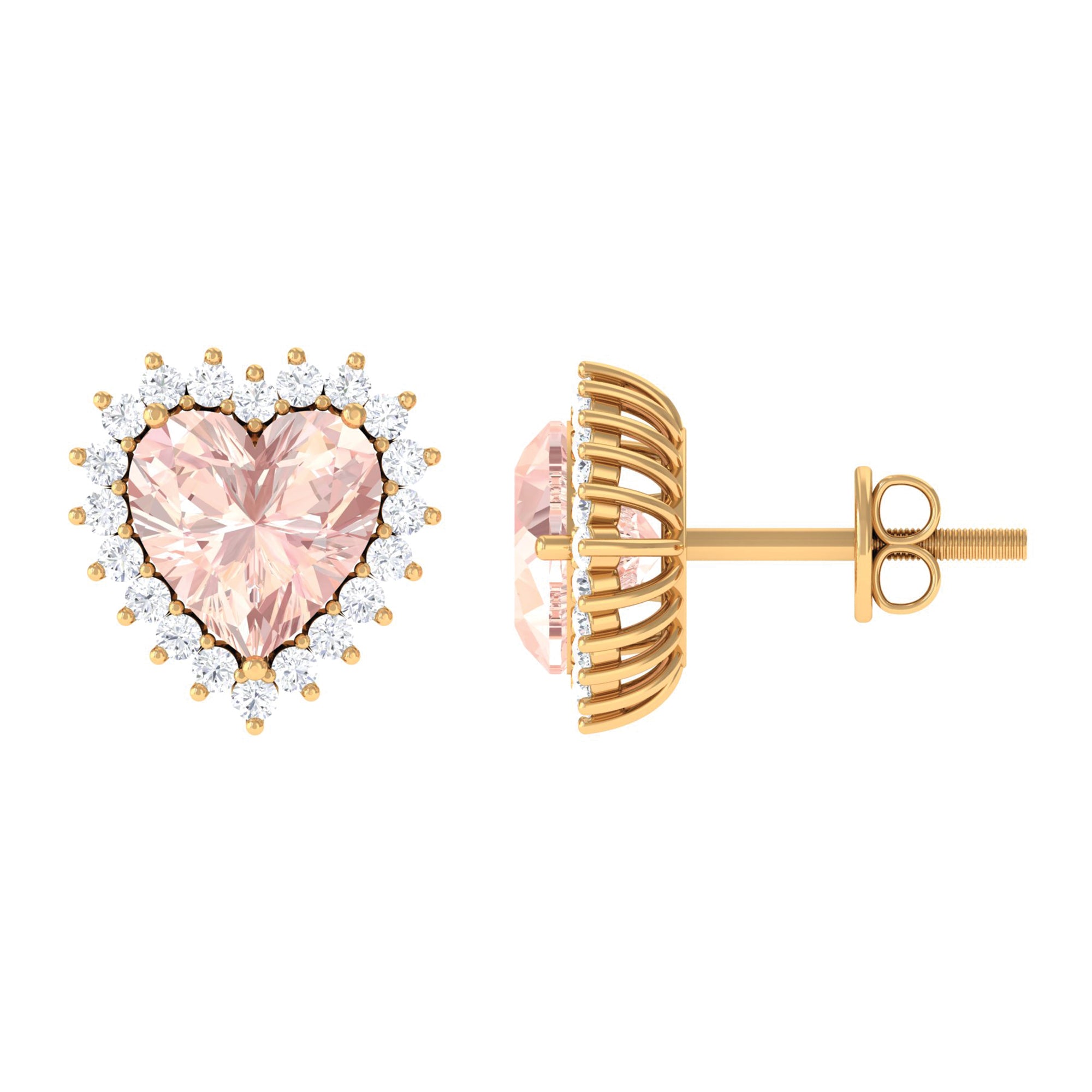 Heart Shape Morganite Halo Stud Earrings with Diamond Morganite - ( AAA ) - Quality - Rosec Jewels