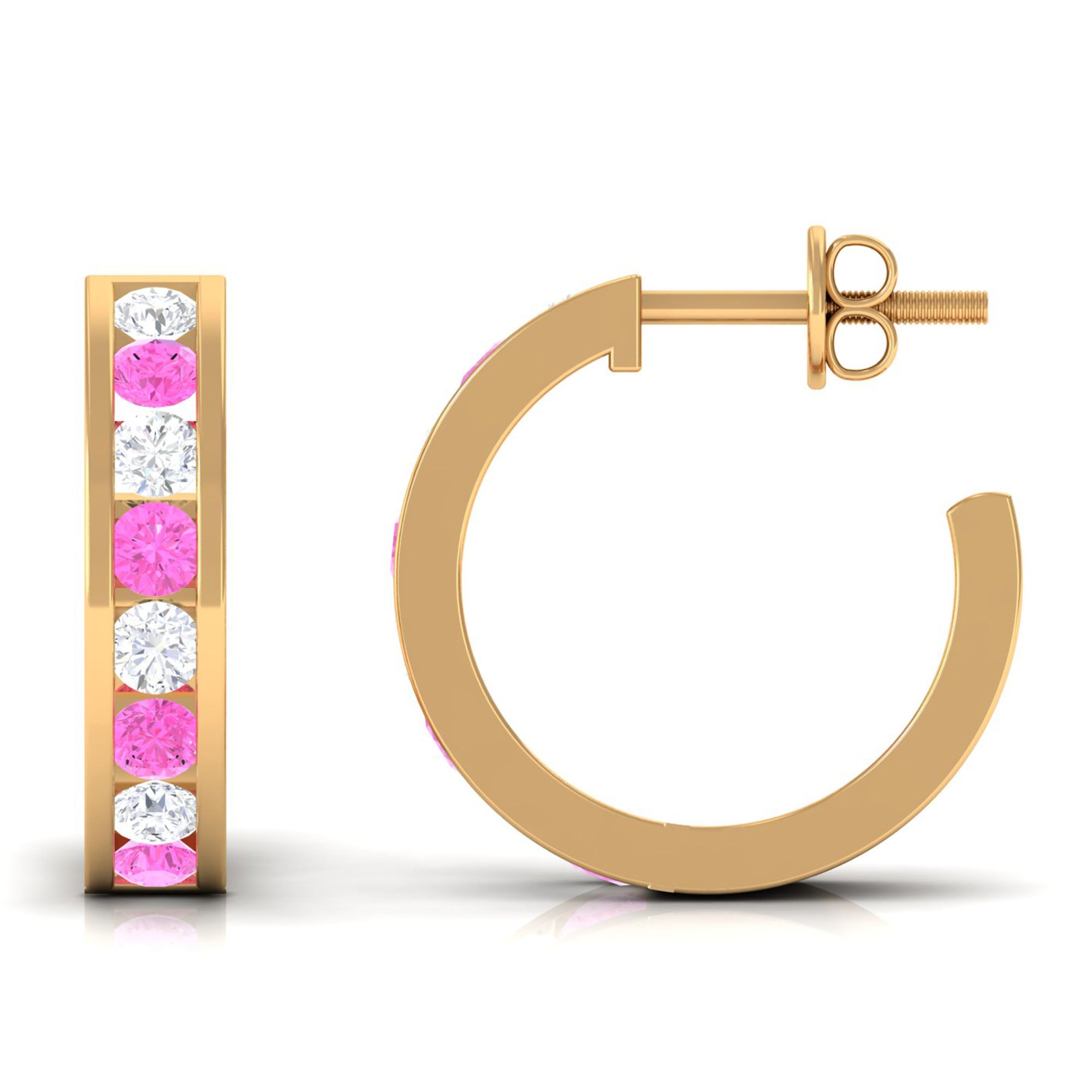 Channel Set Pink Sapphire and Diamond Half Eternity Hinged Hoop Earrings Pink Sapphire - ( AAA ) - Quality - Rosec Jewels