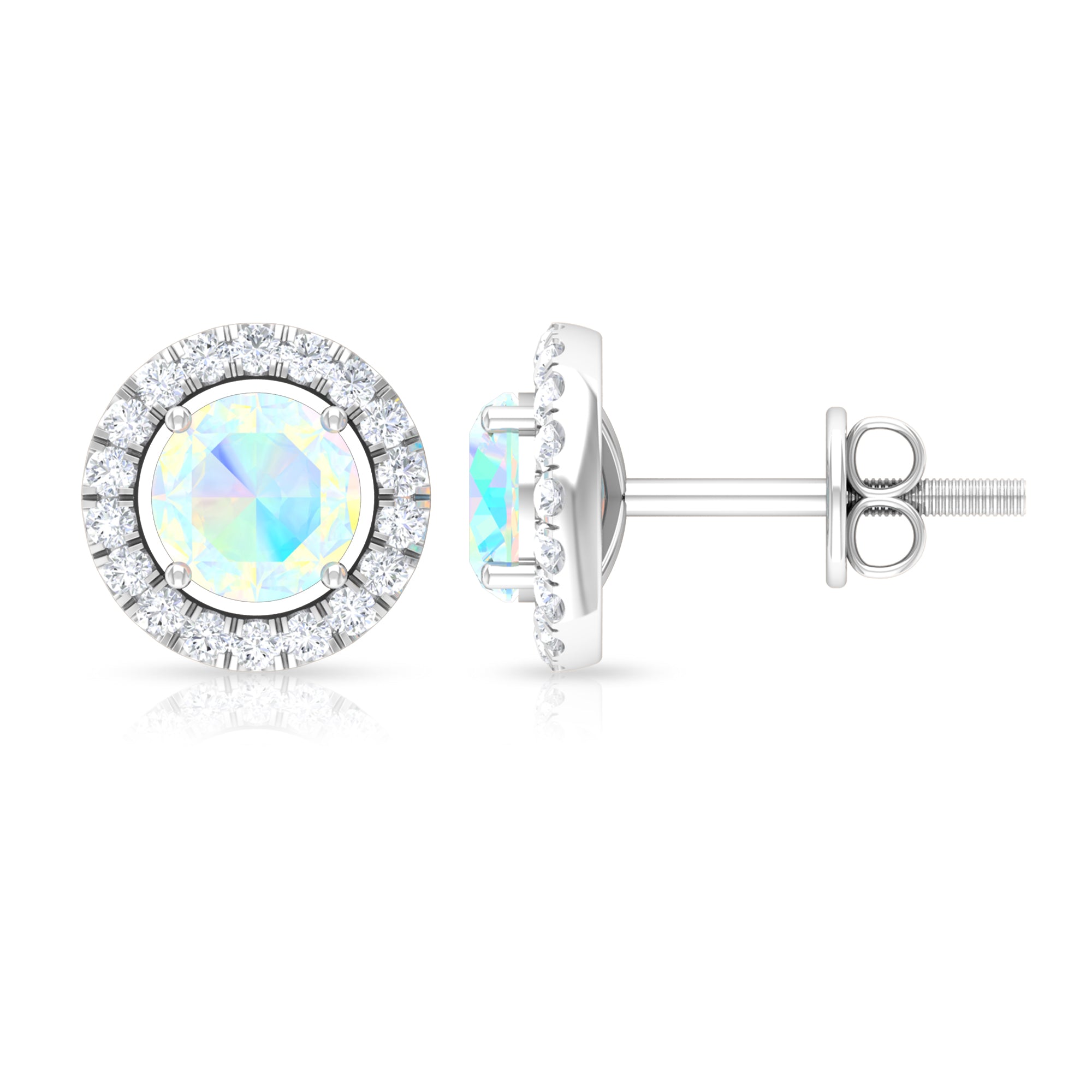 Round Ethiopian Opal and Diamond Halo Stud Earrings Ethiopian Opal - ( AAA ) - Quality - Rosec Jewels